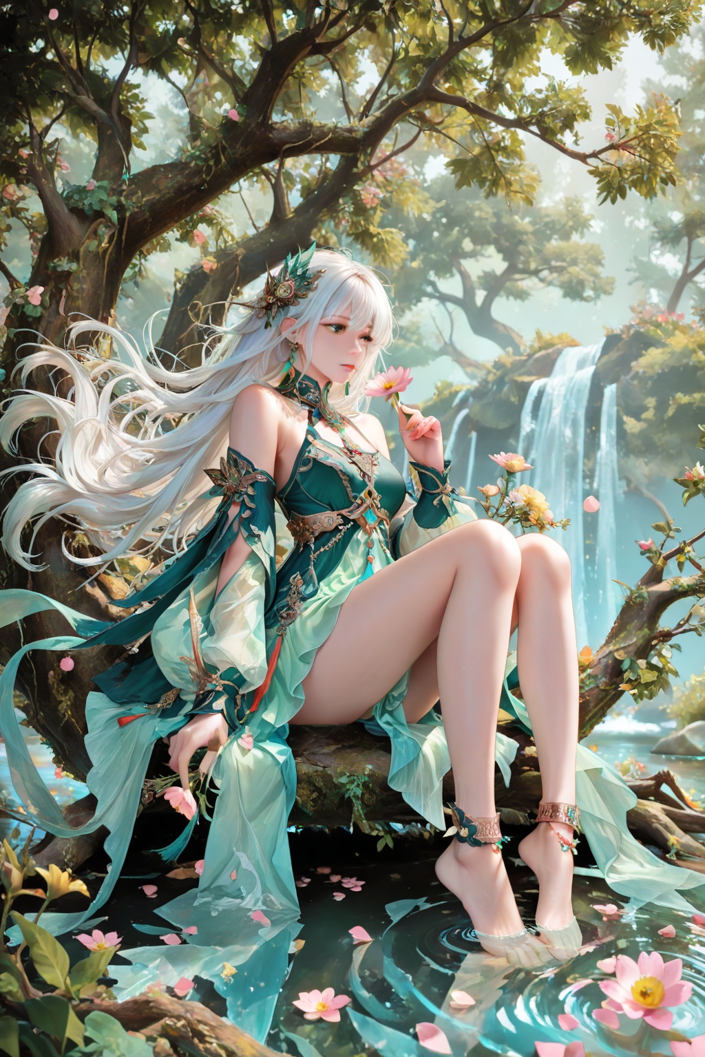 1girl, flower, hair ornament, long hair, white hair, solo, dress, barefoot, jewelry, tree, bare legs, sitting, green dress, water, bare shoulders, holding flower, earrings, anklet, holding, petals, detached sleeves, full body,
