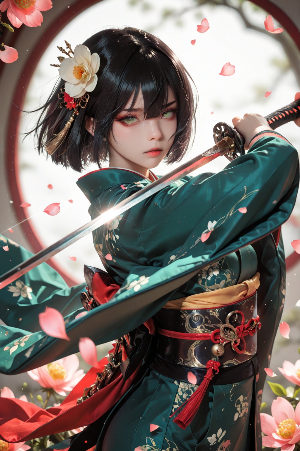 XIGUA, holding sword, green eyes, 1girl, katana, holding, black hair, sfw, flower, weapon, looking at viewer, hair flower, short hair, holding weapon, japanese clothes, original, sword, female solo, green kimono, kimono, hair ornament, blurry, blurry background, bangs, long sleeves, hair between eyes, dark hair, petals, holding sword, outstretched_arm, obi, sash 