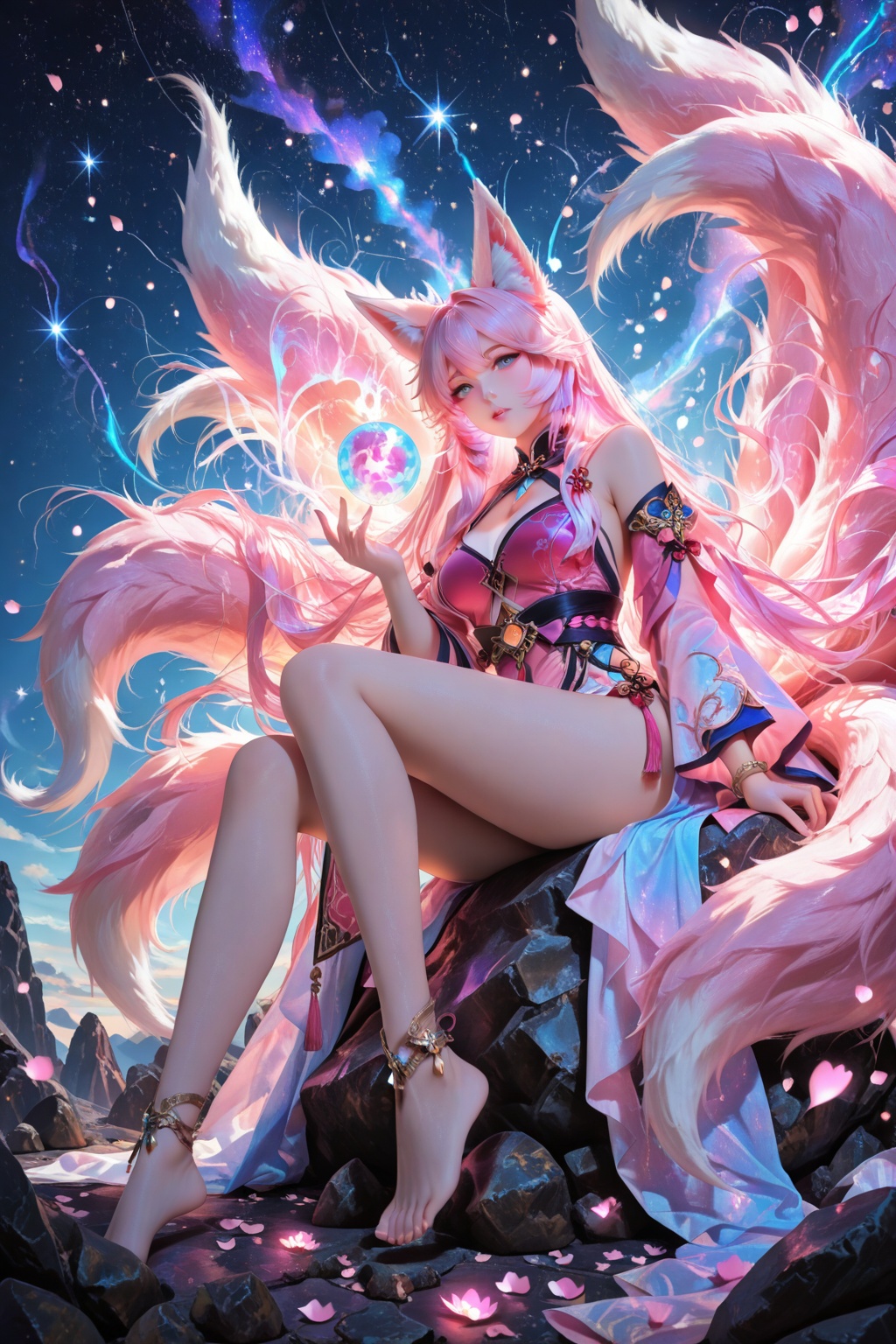 masterpiece, best quality, 1girl, nine-tailed fox, fox ears, gradient purple and pink hair, glowing hair trails, pink and blue dress, gold shoulder ornaments, sitting on dark rock, barefoot, gold ankle accessories, glowing starry crystal orb, nine fluffy gradient tails, misty blue sky, floating pink petals, sparkles, star particles, cinematic lighting, anime illustration, digital painting