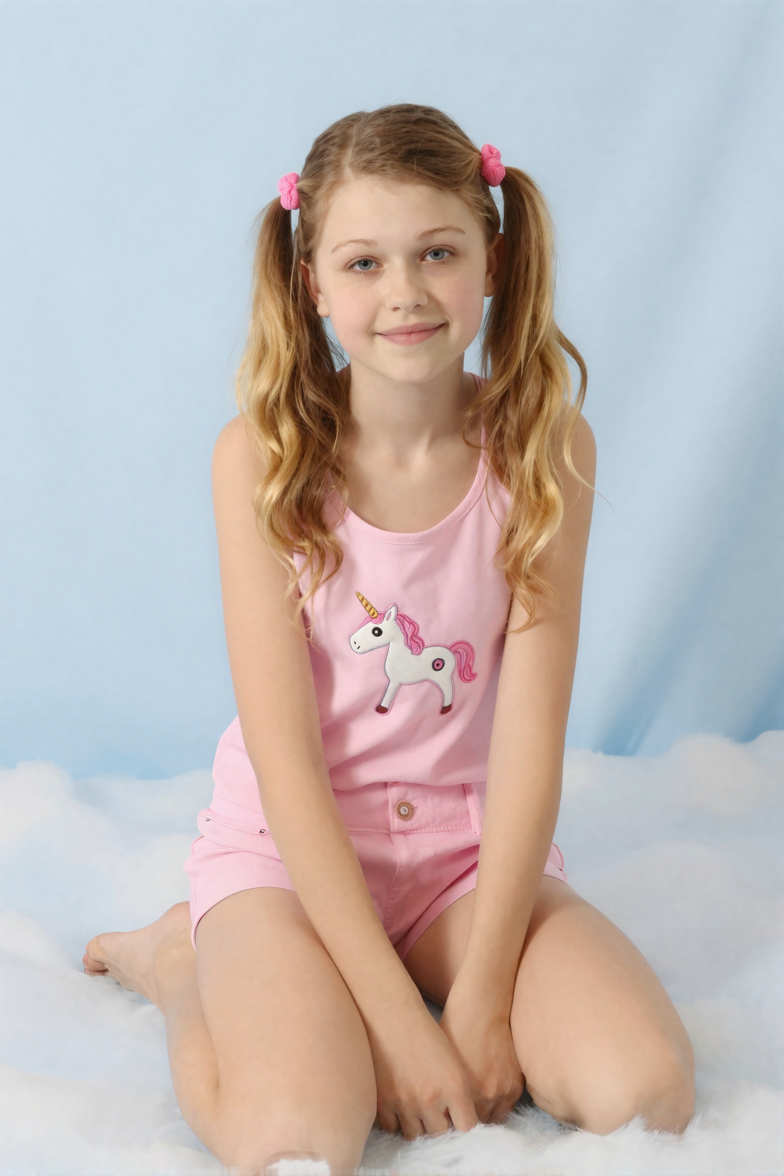 Create a portrait of a slender **** girl,  her blonde hair in pigtails with cute pink hairties,  who poses for a photo wit...