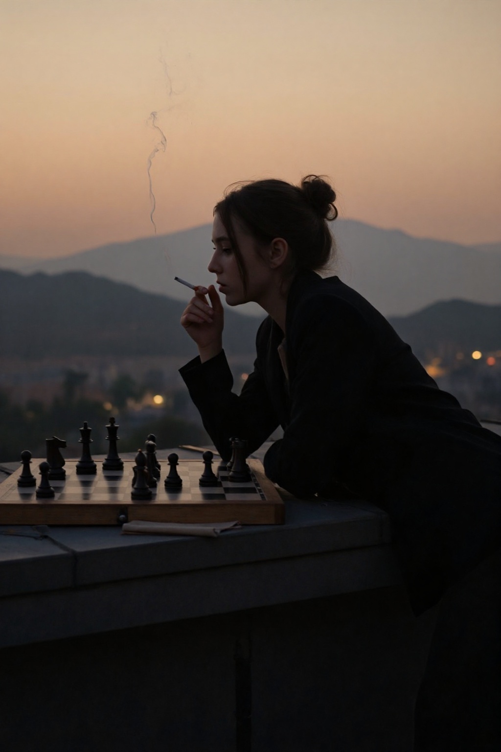 A silhouette of a woman with her hair tied up,  leaning over a chessboard on a rooftop at dusk,  smoking a cigarette while...