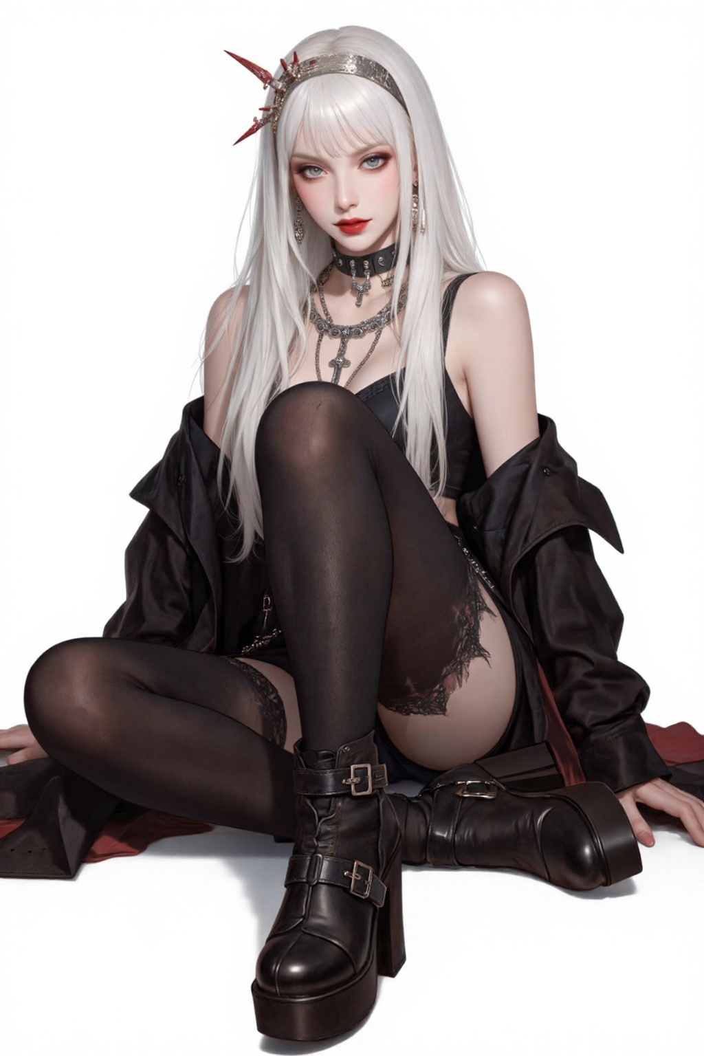 The image depicts a women sitting on the ground,  dressed in a gothic or dark fantasy style. The individual has long,  str...
