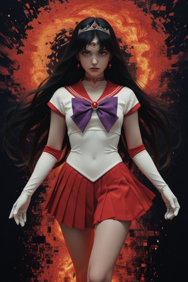 A dynamic action pose captures the essence of a 17-year-old Japanese beauty,  reminiscent of Sailor Mars. The subject's lo...