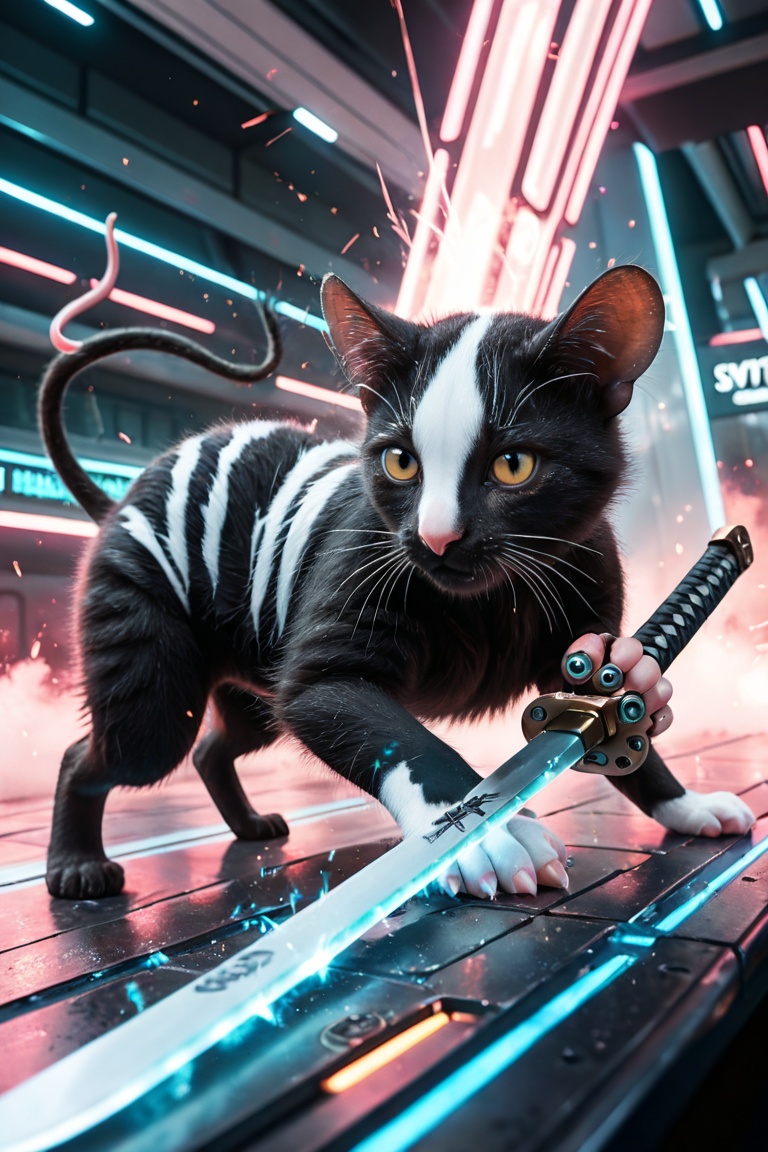 Create a retro realistic-style illustration featuring a young humanoid cat ,  black fur,  white stripe on Tensor.Art