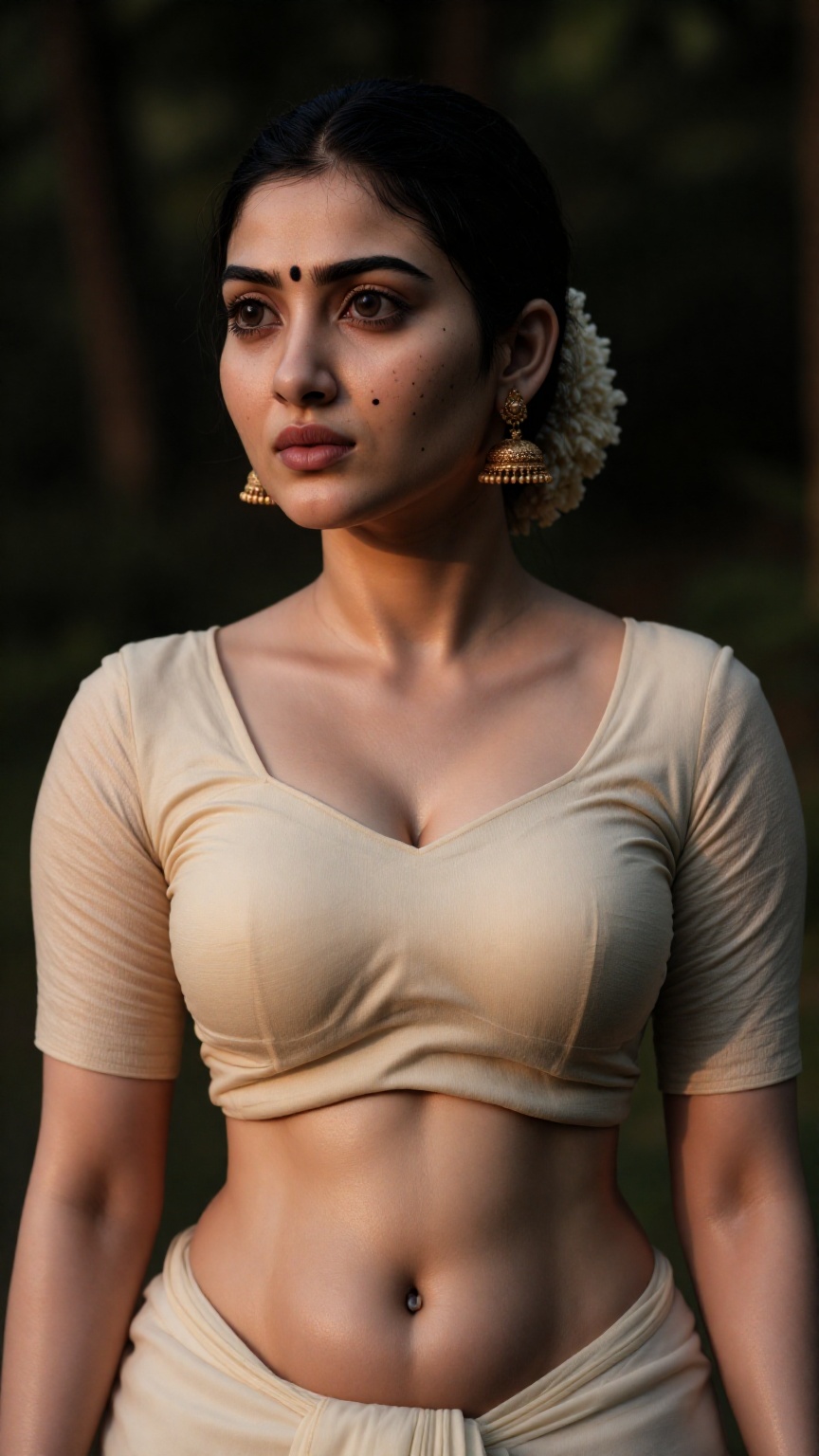 Create a young woman with saree and blouse,  Low waisted saree,  navel show on Tensor.Art