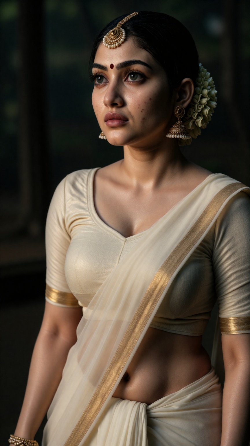 Create a young woman with saree and blouse,  Low waisted saree,  navel show on Tensor.Art