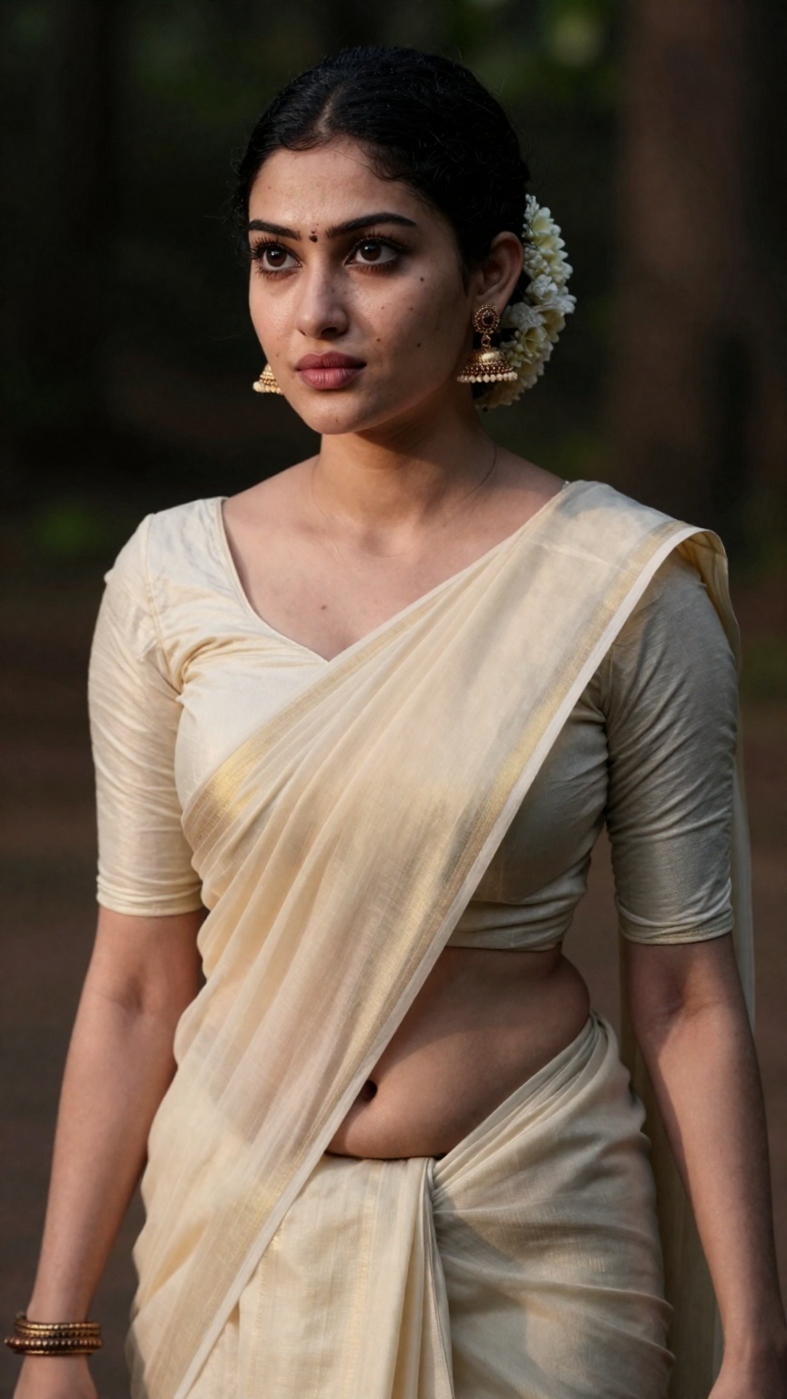 Create a young woman with saree and blouse,  Low waisted saree,  navel show on Tensor.Art