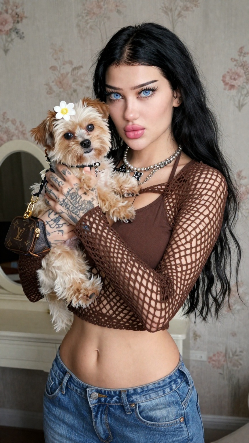 Photograph of a young woman with long straight black hair and blue eyes holding a small fluffy tan-colored dog with a whit...