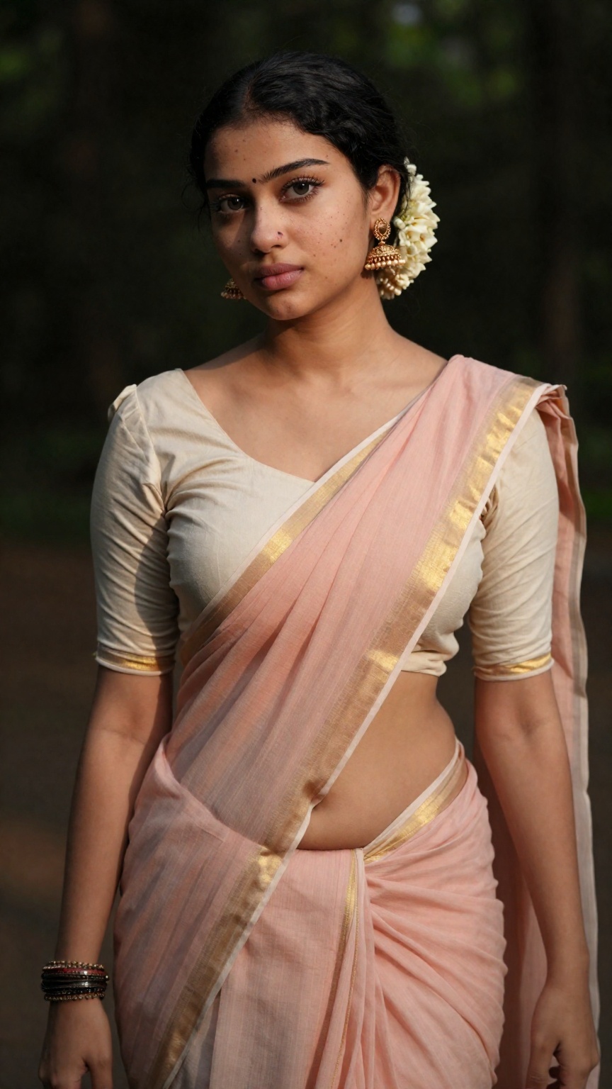 Create a young woman with saree and blouse,  Low waisted saree,  navel show on Tensor.Art