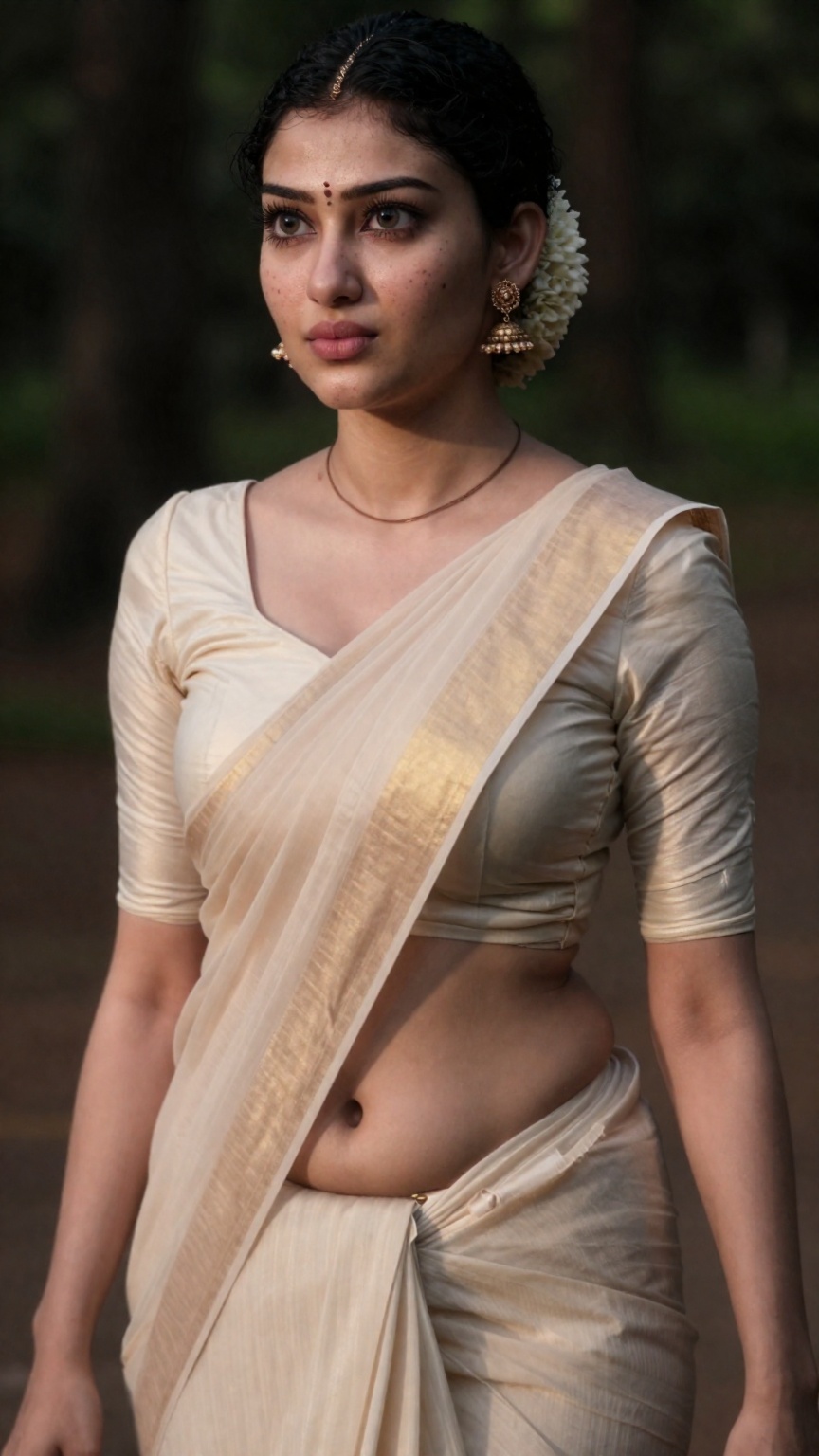 Create a young woman with saree and blouse,  Low waisted saree,  navel show on Tensor.Art