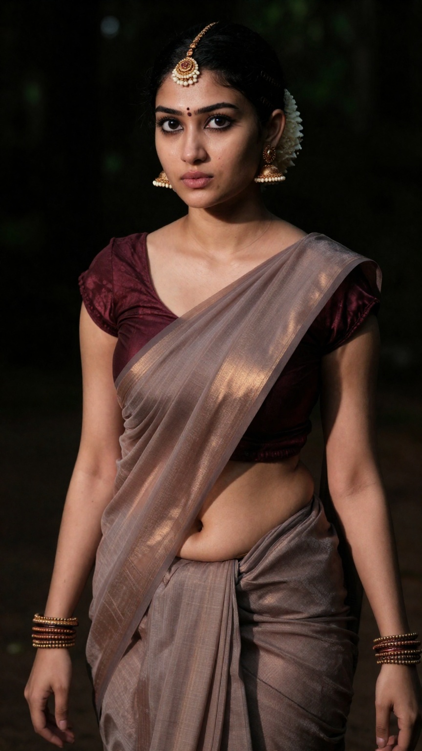 Create a young woman with saree and blouse,  Low waisted saree,  navel show on Tensor.Art