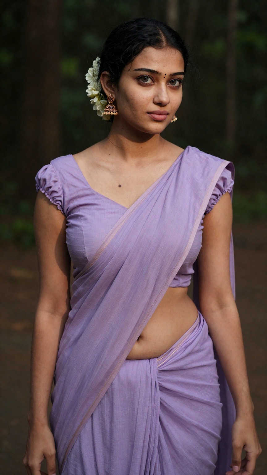 Create a young woman with saree and blouse,  Low waisted lavender colour saree,  kerala traditional ornaments on Tensor.Art
