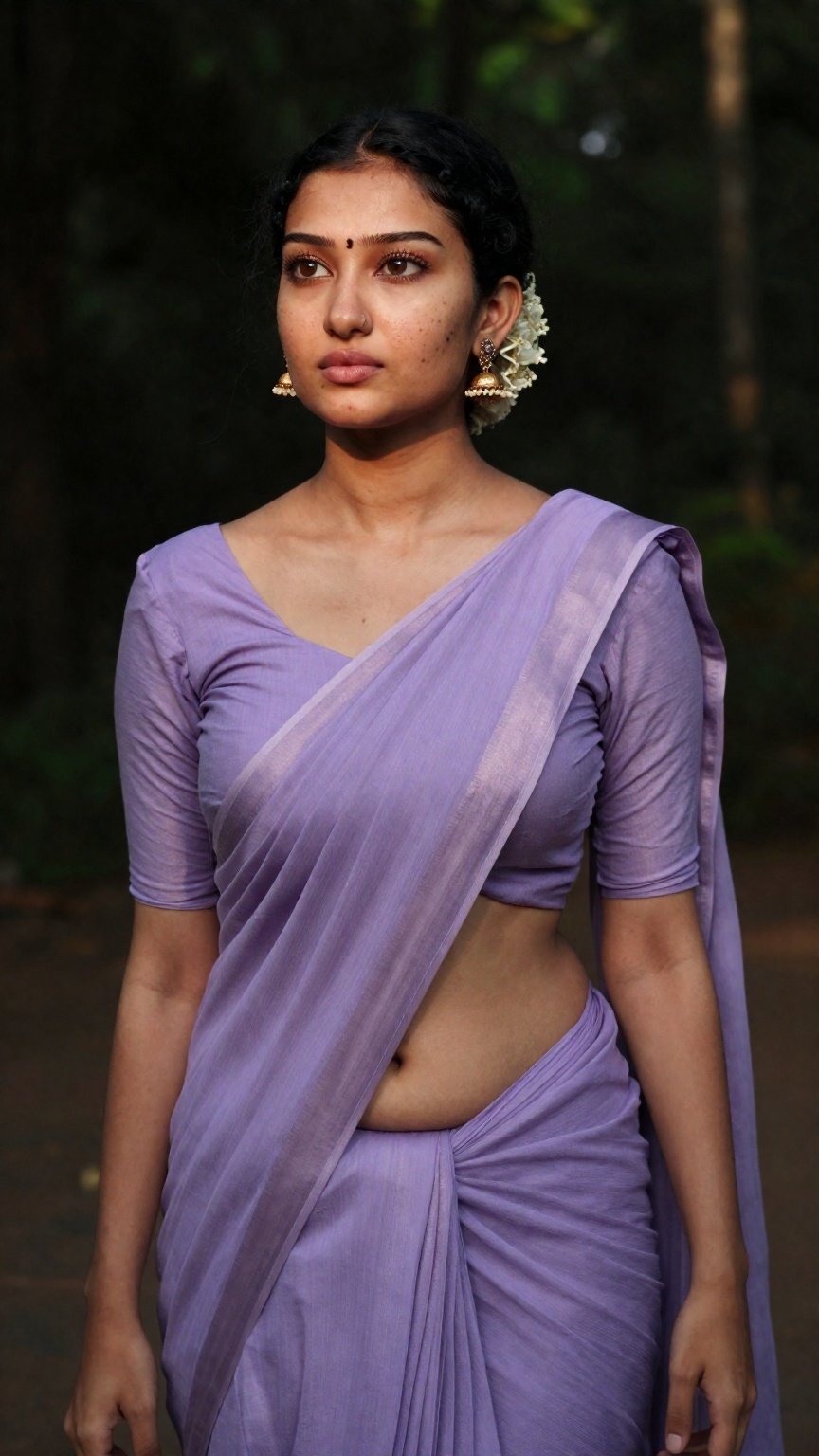 Create a young woman with saree and blouse,  Low waisted lavender colour saree,  kerala traditional ornaments on Tensor.Art