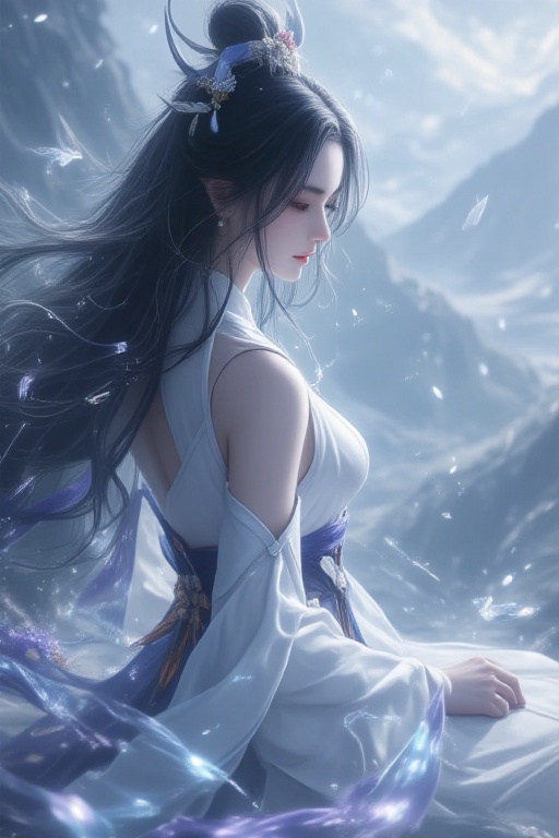 masterpiece,best quality,ultra-detailed,1 beautiful girl,elegant immortal,Hanfu,flowing long hair,misty mountains,celestial atmosphere,soft lighting,clean background,slender figure,delicate facial features