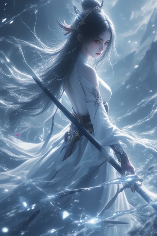 Masterpiece, ultra-detailed, 1 elegant Chinese immortal girl, cold expression, flowing white Hanfu, ancient sword, misty mountain, celestial lighting, soft focus, cinematic composition, 8k