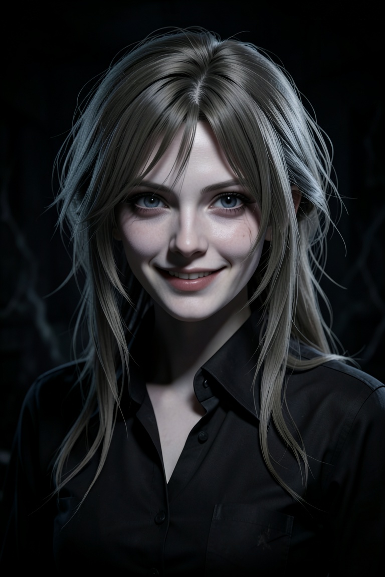 masterpiece, best quality, ultra detailed, 8k, game cg, 1girl, solo, yandere_girl, crazy eyes, yandere smile, dangerous aura, pale skin, messy hair, beautiful but creepy, dark atmosphere, psychological horror, sharp shadows, cinematic lighting, high detail