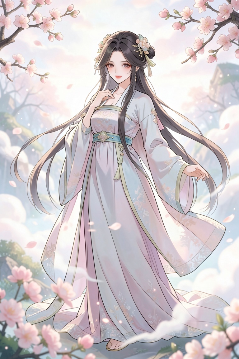 古代二次元美女,温柔仙气,汉服,襦裙,长发飘飘,发簪流苏,眉眼柔和,浅笑,肌肤白皙,云雾仙境,桃花,柔光,唯美插画,线条干净,高清精致,masterpiece,best quality