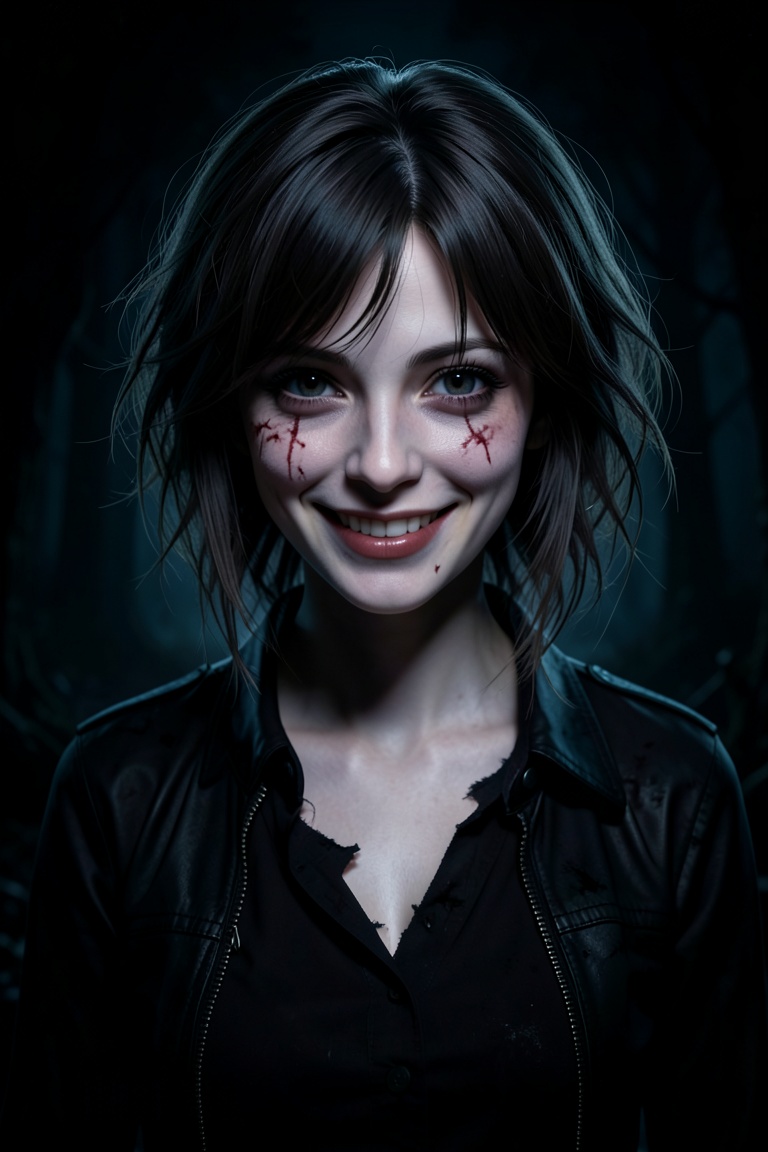 masterpiece, best quality, ultra detailed, 8k, game cg, 1girl, solo, yandere_girl, crazy eyes, yandere smile, dangerous aura, pale skin, messy hair, beautiful but creepy, dark atmosphere, psychological horror, sharp shadows, cinematic lighting, high detail