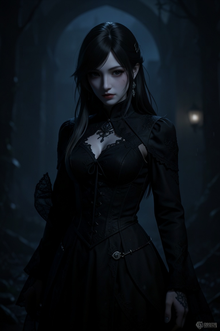 masterpiece, best quality, ultra detailed, 8k, game cg, 1girl, solo, dark_girl, dark theme, gothic, black clothes, cold expression, pale skin, dark fantasy, mysterious, shadowy, cinematic lighting, night, dark atmosphere, high detail