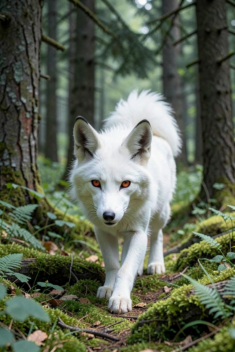 一只行走在森林中的白色狐狸,红色眼眸。