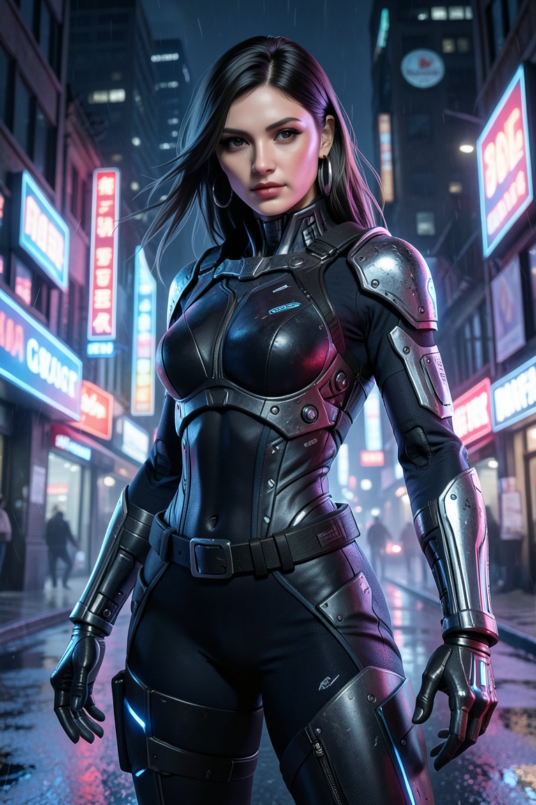 masterpiece, best quality, ultra detailed, 8k, game cg, realistic skin texture, 1girl, solo, cyberpunk_future_girl, cyberpunk, futuristic, neon lights, city night, mechanical parts, futuristic outfit, tight clothing, cool expression, glowing accents, high tech, cinematic lighting, official art, high detail, sharp focus, dynamic angle