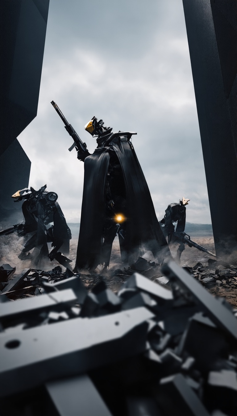 A blurry foreground that obscures the image reveals scattered metallic debris and sharp edges of broken machinery,  lying...