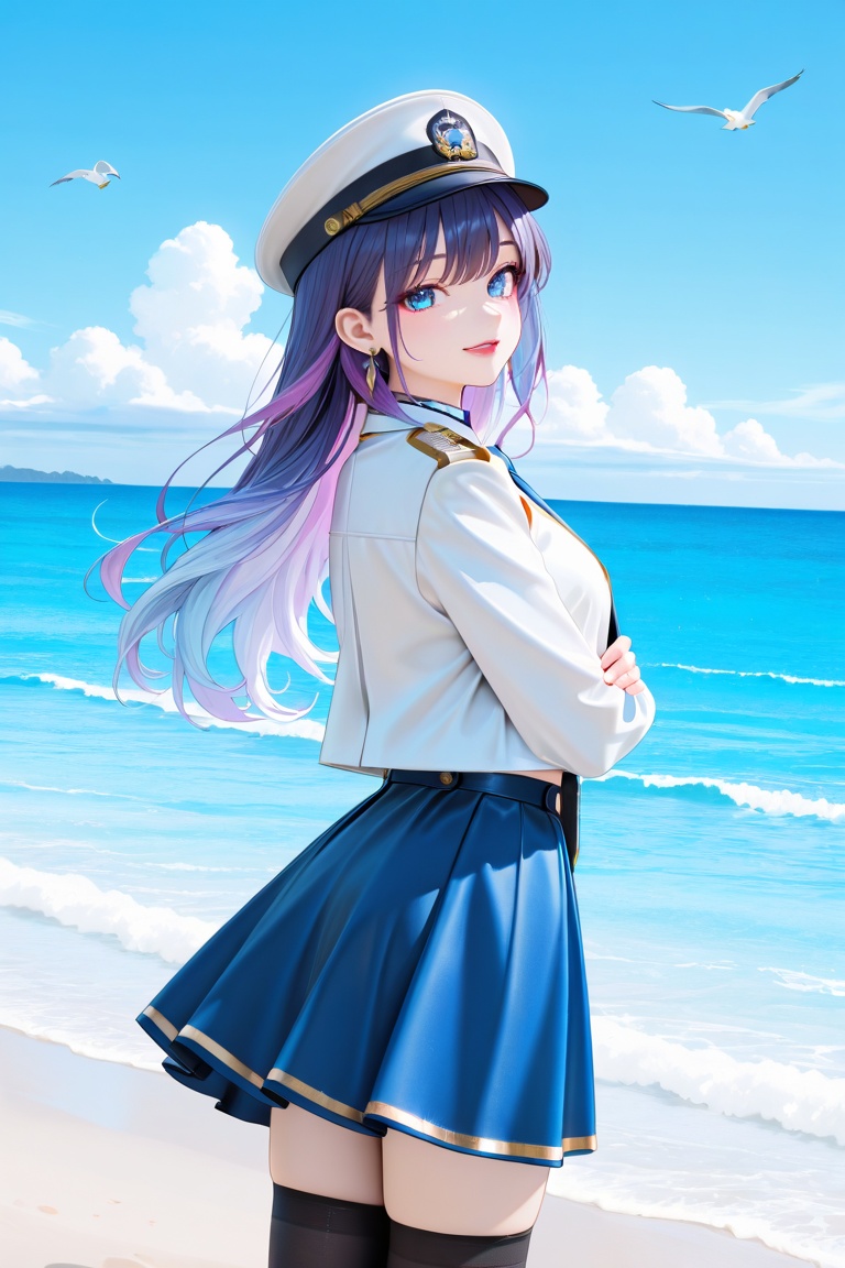 A digital illustration shoot from a frontal camera angle about a female character in a naval uniform with long,  flowing p...