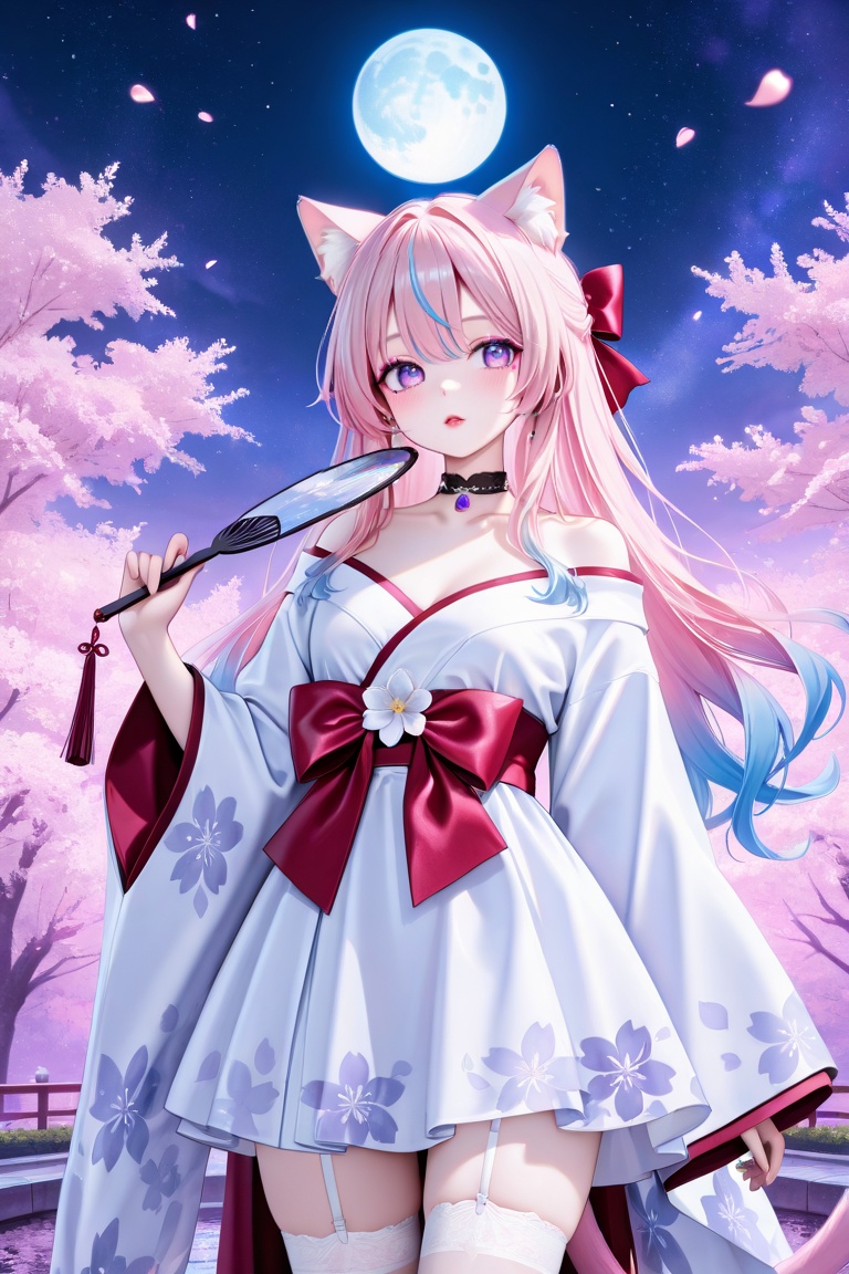 A digital illustration shoot from a profile camera angle about a character with long pink hair and cat ears,  dressed in a...