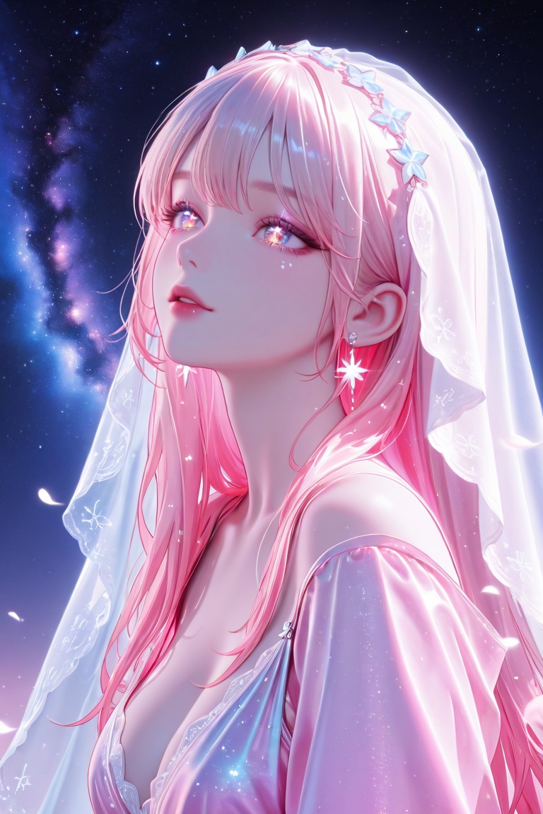 A highly dreamy digital art portrait of a young girl. Her body is covered with a gorgeous,  blue - pink gradient interwove...