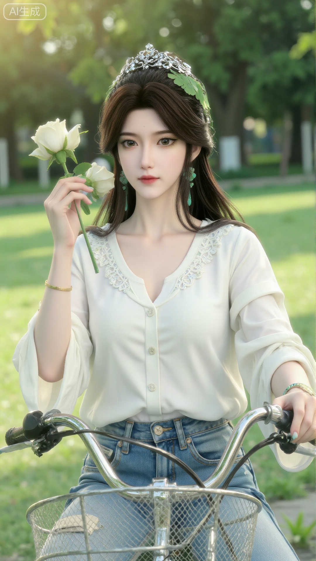 The image shows a young woman sitting on a bicycle in a park. She is wearing a white blouse and blue jeans, with a wristwatch on her left wrist. She is holding a white rose close to her face, and her hair is styled in loose waves. The background features a lush green lawn and trees, with sunlight filtering through the foliage, creating a serene and peaceful atmosphere. The bicycle has a basket attached to the front, and the overall setting suggests a leisurely outdoor activity.Upper body close-up, upper body effect, upper body