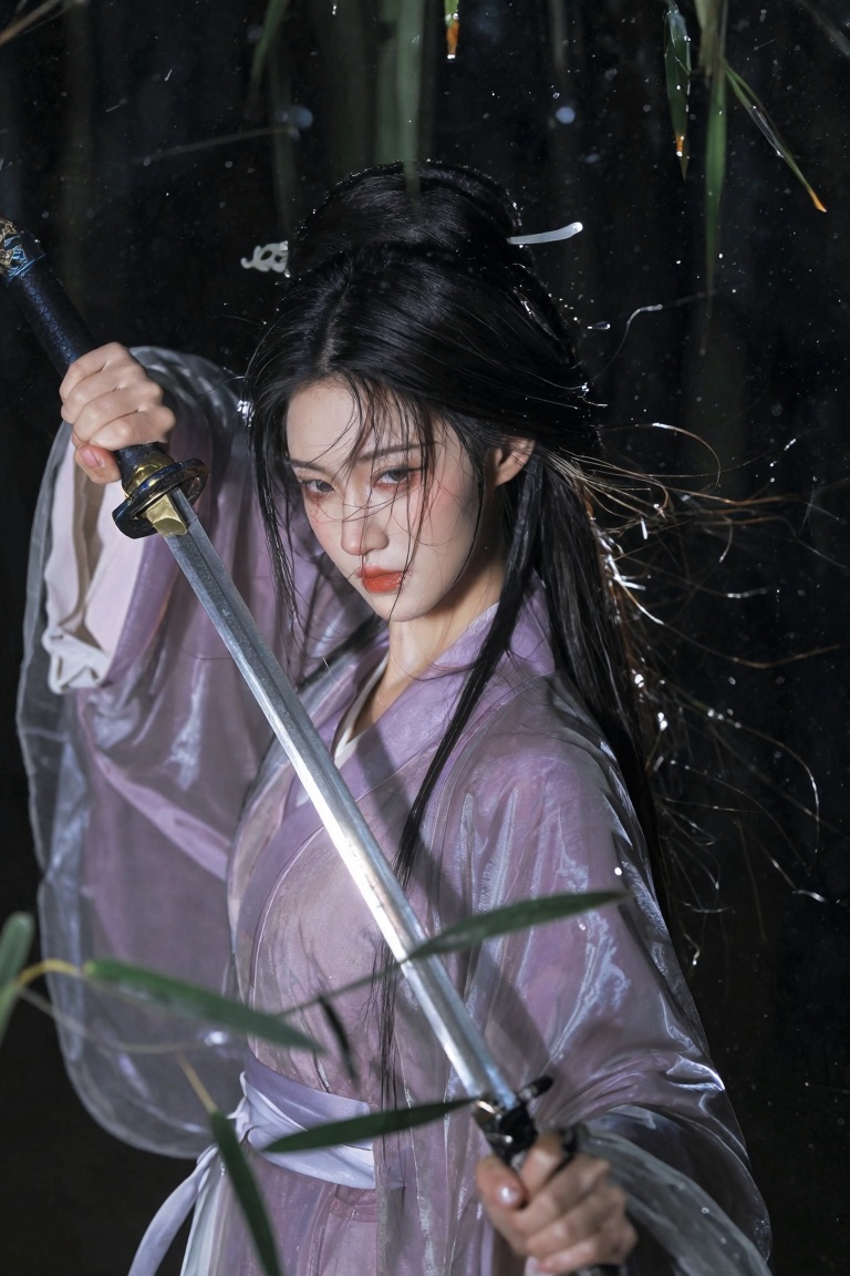 A bamboo forest swordswoman captured through film photography. Her Hanfu outlines an exquisitely beautiful silhouette,  wh...