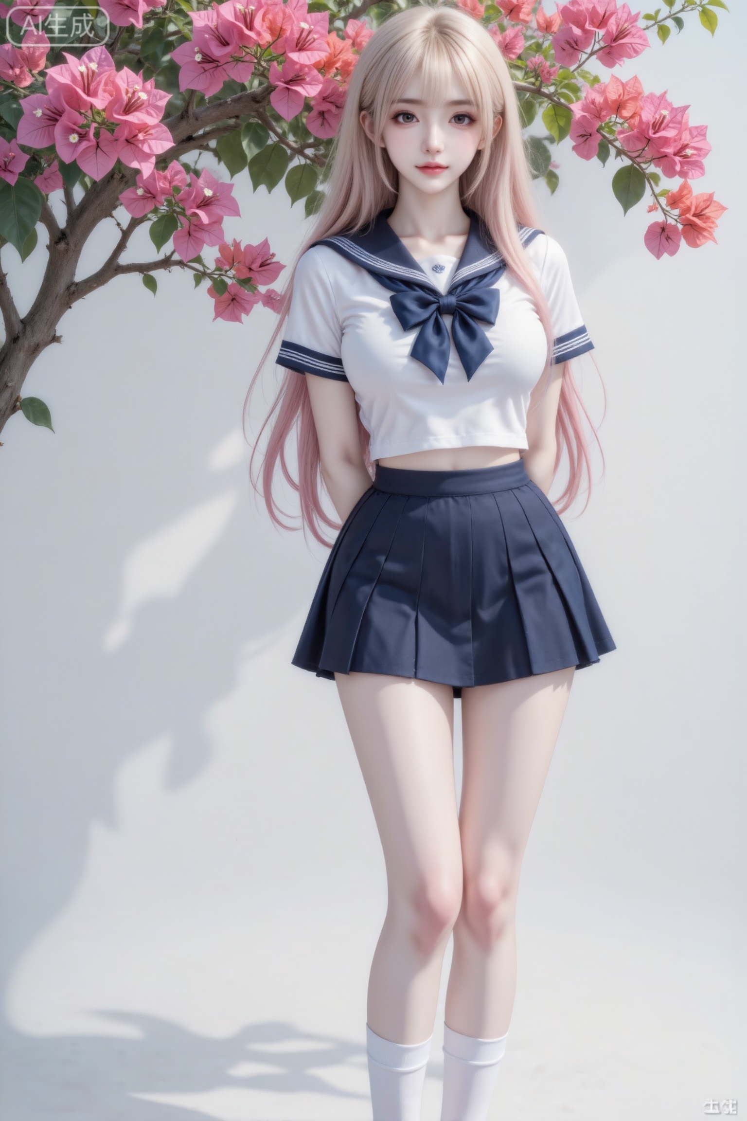 杰作级画质,顶级图像精度,超高清细节渲染,单人女性角色,（黑色亮丽的长发：1.4）,（比例优越的纤细长腿：1.3）,（肌肤白皙光滑的匀称美腿：1.4）,（挺拔饱满的D 罩杯曲线：1.4）,（精致立体的美颜五官：1.4）,美颜全开,光滑油亮的皮肤,水嫩的肌肤,,傲人身材,C-cup,一个女孩,
漂亮女生,浅粉金色长发,青春洋溢,清新脱俗的气质,优雅的姿态,身处三角梅树下,精致的五官,冷白皮,身着经典的水手服,上衣为白色短袖,搭配深蓝色带有白色条纹的水手领,领口处系着大大的深蓝色蝴蝶结；下装是深蓝色的短裙；脚上穿着白色中筒袜和。他摆出可爱姿势,柔和的色彩,微光,宿命感,即时感