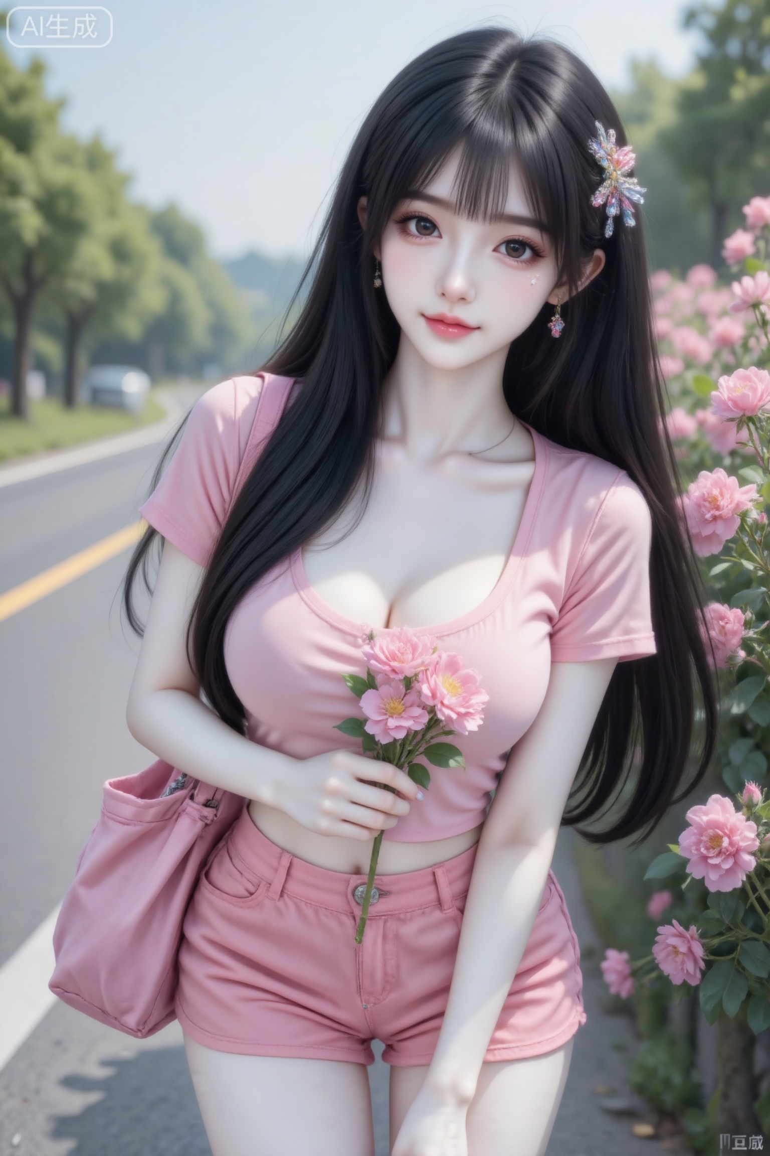 杰作级画质,顶级图像精度,超高清细节渲染,单人女性角色,（黑色亮丽的长发：1.4）,（比例优越的纤细长腿：1.3）,（肌肤白皙光滑的匀称美腿：1.4）,（挺拔饱满的D 罩杯曲线：1.4）,（精致立体的美颜五官：1.4）,美颜全开,光滑油亮的皮肤,水嫩的肌肤,一个女孩,
,镜头缓慢围绕人物运镜,人物脸型外貌不变,清风吹过,真实摄影,亚洲美少女薇薇,身着粉色短袖上衣、超短短裤,背着粉色布袋,手持粉色蔷薇花枝；站在开满粉色蔷薇的路边（旁有公路、远处绿植）,整体风格清新甜美,充满春日户外的烂漫美感,倾斜构图,妆造精致,饰品精巧,可爱妆造,温柔大方,五官精致,面部清晰,（电影级面光：1.6）,（光线追踪：1.5）,（冷白皮漫感质感的光滑皮肤：1.7）,（人物有最好的骨相：1.2）,（网感脸：1.6）,身材完美,莫兰迪配色,高颜值网红,INS风,幼态脸,19岁女生尖下巴,三庭五眼比例均衡,身材娇小,细腻陶瓷水嫩肌肤,偏冷白皮,随机的妆容,随机的饰品,随机的动作,侧光,随机角度拍摄,总体有很多的不确定性,但又好看,
风格甜美少女系,氛围慵懒俏皮,东方美女,黑长直,年轻娇小,发丝呈现出自然的蓬松感与垂坠感,长发散落于肩头两侧,冷白皮气质美女,纯欲风,沙漏型身材,B cup,皮肤白皙,偶像气质,fairskin,气质的江南美女子,有点甜美,皮肤美白透亮,表情可爱,甜美氛围,细腻笔触,独特韵味的美,可爱表情
