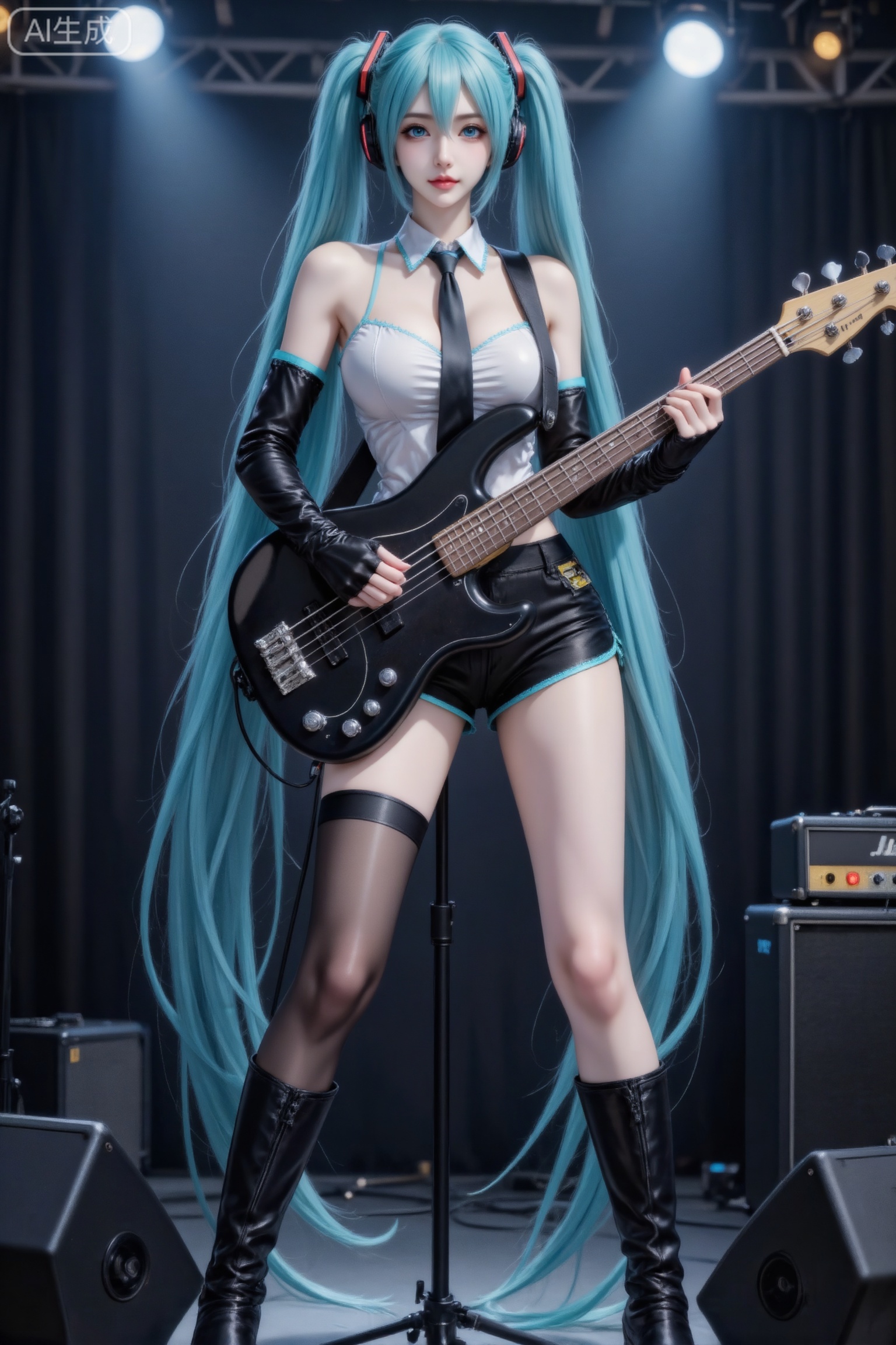杰作级画质,顶级图像精度,超高清细节渲染,单人女性角色,（黑色亮丽的长发：1.4）,（比例优越的纤细长腿：1.3）,（肌肤白皙光滑的匀称美腿：1.4）,（挺拔饱满的D 罩杯曲线：1.4）,（精致立体的美颜五官：1.4）,美颜全开,光滑油亮的皮肤,水嫩的肌肤,,傲人身材,C-cup,一个女孩,
1个女孩,单人,初音未来,蓝绿色渐变超长双马尾,刘海,发丝垂在双眼之间,蓝色眼眸,看着观众,中等胸部,露肩,事业线明显,穿着无袖上衣、黑色超短裤、黑色过膝长袜、黑色长靴,搭配黑色肘部手套、黑色领带、可拆卸衣领,头戴耳机,双腿分开站立,手持电贝斯吉他,正在舞台上演奏乐器,室内舞台场景,配有舞台灯光、音箱、放大器,写实风格,嘴唇精致,光影氛围感拉满,细节高清,人体比例完美