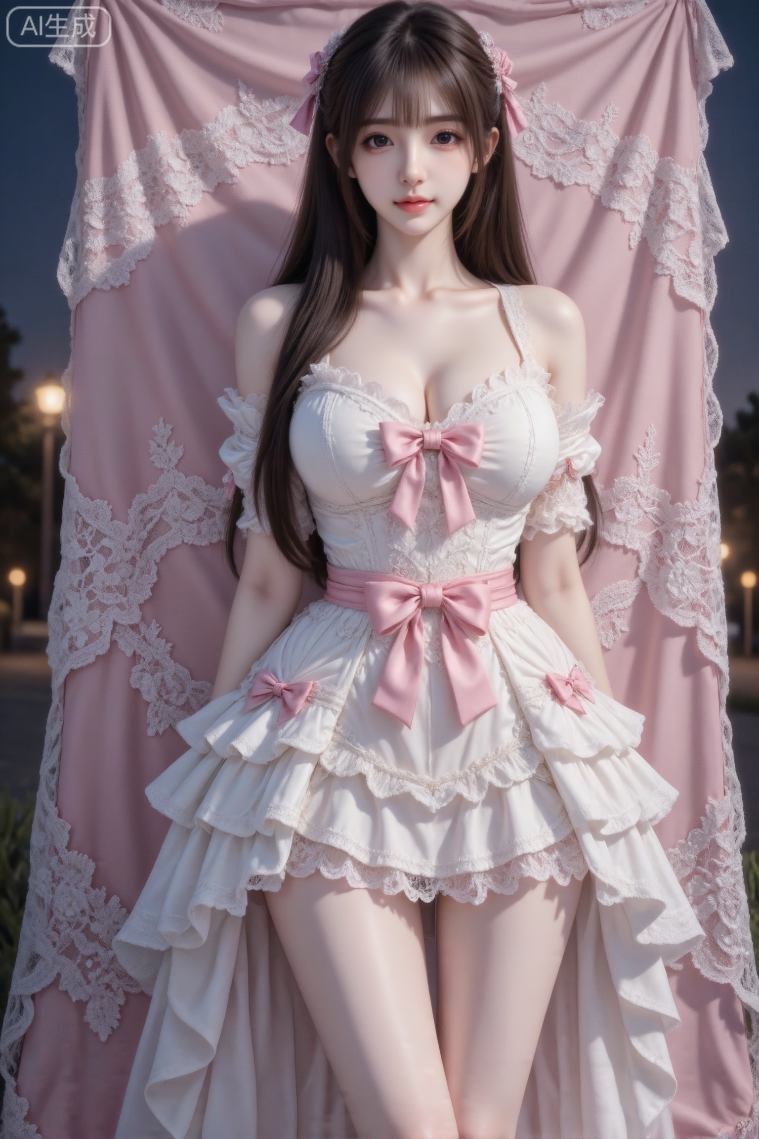 杰作级画质,顶级图像精度,超高清细节渲染,单人女性角色,（黑色亮丽的长发：1.4）,（比例优越的纤细长腿：1.3）,（肌肤白皙光滑的匀称美腿：1.4）,（挺拔饱满的D 罩杯曲线：1.4）,（精致立体的美颜五官：1.4）,美颜全开,光滑油亮的皮肤,水嫩的肌肤,,傲人身材,C-cup,一个女孩,
写真风,质感光照,自然光线,质感十足,摄影风格,20岁中国姑娘,棕色头发,披肩长直发,冷白皮,奶油肌,黑色瞳孔,妆容精致,户外背景,洛丽塔甜美风格的晚礼服,用白色蕾丝和粉色蝴蝶结制作,裙摆层层叠叠,裙身有精致的荷叶边,置于粉色蕾丝背景中,暖粉色的光影营造出甜美氛围,温柔,站在原地,正面照,全身照,黑夜,暖光,东方之美。