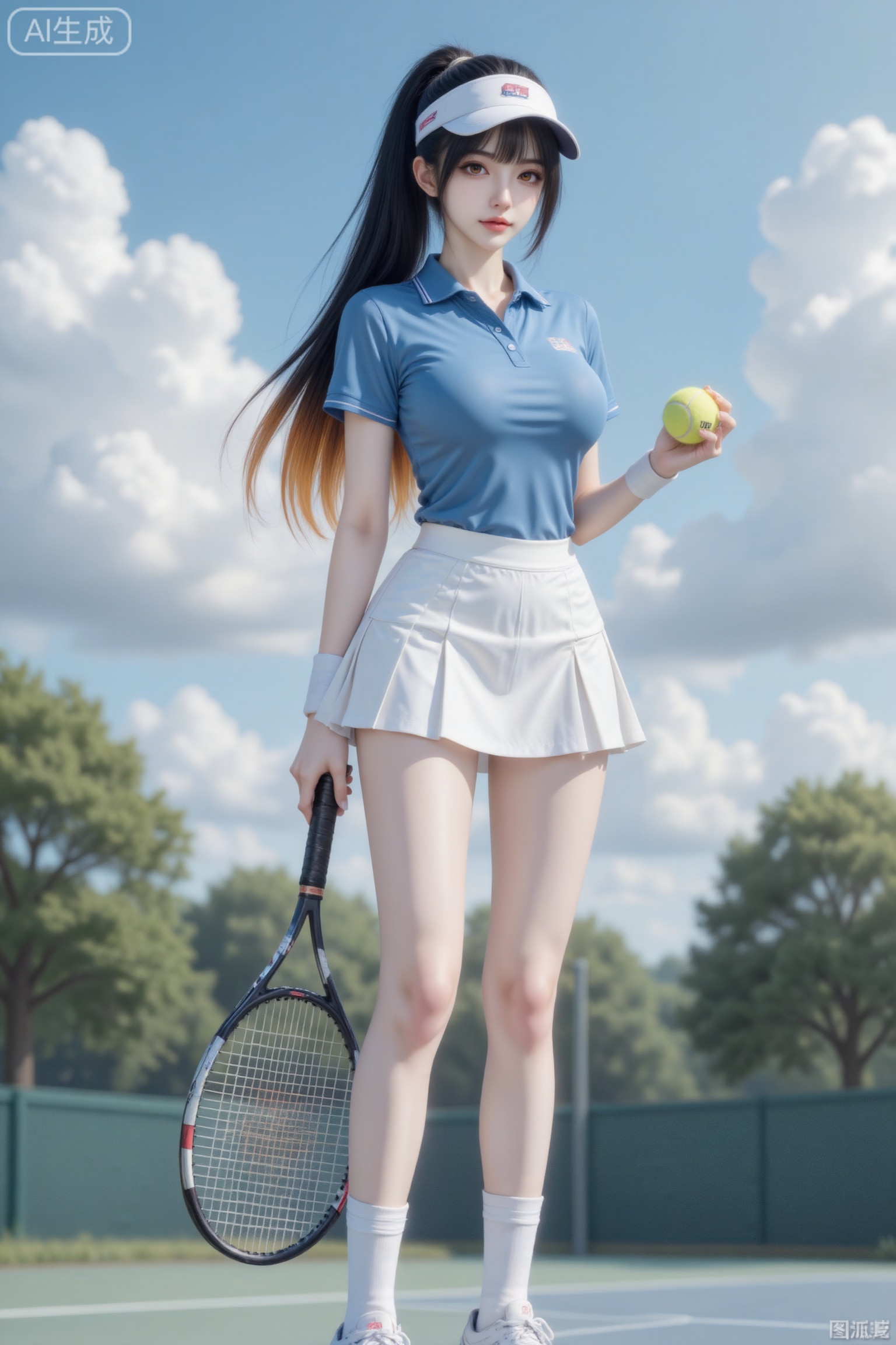 杰作级画质,顶级图像精度,超高清细节渲染,单人女性角色,（黑色亮丽的长发：1.4）,（比例优越的纤细长腿：1.3）,（肌肤白皙光滑的匀称美腿：1.4）,（挺拔饱满的D 罩杯曲线：1.4）,（精致立体的美颜五官：1.4）,美颜全开,光滑油亮的皮肤,水嫩的肌肤,,傲人身材,C-cup,一个女孩,
1个女孩,单人,黑棕渐变长发,高马尾,刘海,佩戴遮阳鸭舌帽,棕色眼眸,嘴唇精致,看着观众,中等胸部,站立姿势,全身像,穿着蓝色翻领短袖马球衫（网球制服）、白色百褶裙,搭配白色袜子、运动鞋,手持网球拍,手里拿着网球,户外场景,白天,蓝天白云、多云天气,周围有树木,运动风穿搭,写实风格,光影自然,细节高清,人体比例完美