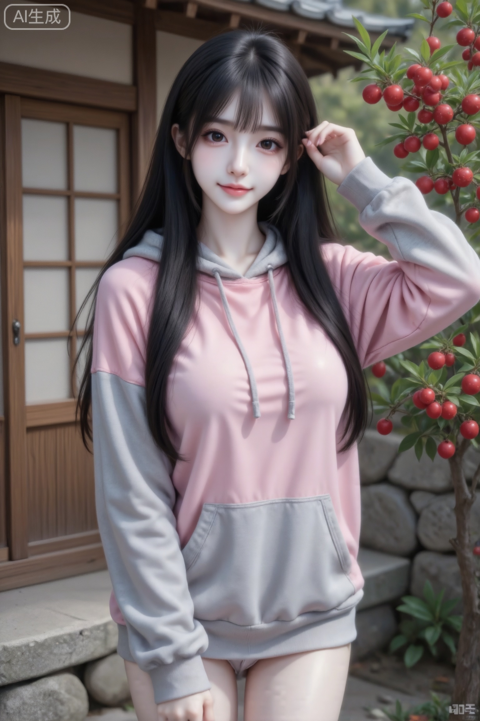 杰作级画质,顶级图像精度,超高清细节渲染,单人女性角色,（黑色亮丽的长发：1.4）,（比例优越的纤细长腿：1.3）,（肌肤白皙光滑的匀称美腿：1.4）,（挺拔饱满的D 罩杯曲线：1.4）,（精致立体的美颜五官：1.4）,美颜全开,光滑油亮的皮肤,水嫩的肌肤,,傲人身材,C-cup,一个女孩,
真实摄影,身着浅粉灰拼色连帽卫衣,站立于带有红果绿植的日式建筑旁（背景有木质门窗、石墙）,文艺,自然,日系,柔和自然光影,中景构图,人物居于画面中心,光线突出卫衣质感与植物色彩,粉灰、绿、红配色,拼色卫衣与红果绿植作文艺亮点,造型与日系建筑场景呼应,文艺日系氛围感拉满,（电影级面光：1.6）,（光线追踪：1.5）,（冷白皮漫感质感的光滑皮肤：1.7）,（人物有最好的骨相：1.2）,（网感脸：1.6）,身材完美,,莫兰迪配色,高颜值,19岁女生尖下巴,三庭五眼比例均衡,娇羞的表情,细腻陶瓷水嫩肌肤,偏冷白皮,随机的妆容,随机发型和颜色,随机的饰品,随机的动作,侧光,发丝轻飘,凌乱,随机角度拍摄,总体有很多的不确定性,但又好看,风格甜美少女系,氛围慵懒俏皮,东方美女,黑长直,年轻娇小,发丝呈现出自然的蓬松感与垂坠感,长发散落于肩头两侧,几缕发丝拂面,可爱表情,近镜头拍摄,半身照,摆pose。自然光线柔和,高质量人像摄影,满级美颜,无过曝无噪点,全画幅高清。淡彩华丽服饰材质轻盈层次感,知性唯美,纯欲风,白月光,fairskin,光滑,细腻。高清画质。皮肤白皙无暇。大上围,傲人身姿,沙漏型身材,温润如玉。她表情可爱,摆出俏皮的动作,透着慵懒气息,鬓角发丝凌乱自然垂落,为她增添了几分随性。将每一处细节都清晰