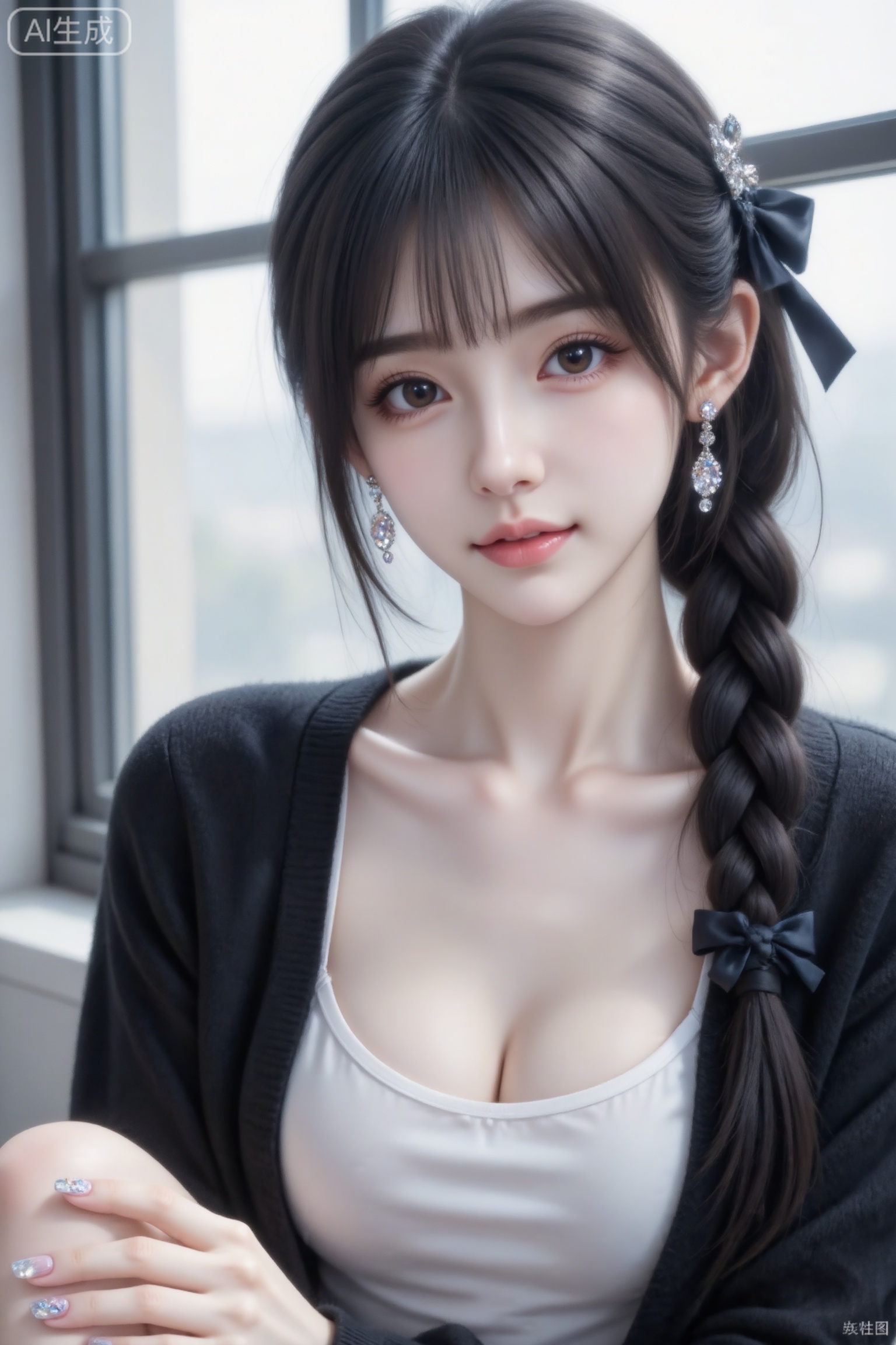 杰作级画质,顶级图像精度,超高清细节渲染,单人女性角色,（黑色亮丽的长发：1.4）,（比例优越的纤细长腿：1.3）,（肌肤白皙光滑的匀称美腿：1.4）,（挺拔饱满的D 罩杯曲线：1.4）,（精致立体的美颜五官：1.4）,美颜全开,光滑油亮的皮肤,水嫩的肌肤,,傲人身材,C-cup,一个女孩,
阳光照耀下来,朦胧感,全身照,细节,一位美女梳着单边麻花辫,辫子尾端戴着同款丝带,穿着黑色开衫,内搭白色吊带,靠着窗边,光洒在她脸上,慵懒,随意,风吹发丝,（电影级面光：1.6）,（光线追踪：1.5）,（冷白皮漫感质感的光滑皮肤：1.7）,（人物有最好的骨相：1.2）,（网感脸：1.6）,身材完美,莫兰迪配色,高颜值网红,INS风,幼态脸,19岁女生尖下巴,三庭五眼比例均衡,身材娇小,细腻陶瓷水嫩肌肤,偏冷白皮,随机的妆容,随机的饰品,随机的动作,侧光,随机角度拍摄,总体有很多的不确定性,但又好看,薇薇的风格风格甜美少女系,氛围慵懒俏皮,东方美女,年轻娇小,冷白皮气质美女,纯欲风,皮肤白皙,偶像气质,fairskin,气质的江南美女子,有点甜美,皮肤美白透亮,表情可爱,甜美氛围,细腻笔触,独特韵味的美,亮晶晶耳饰,亮晶晶美甲,可爱表情