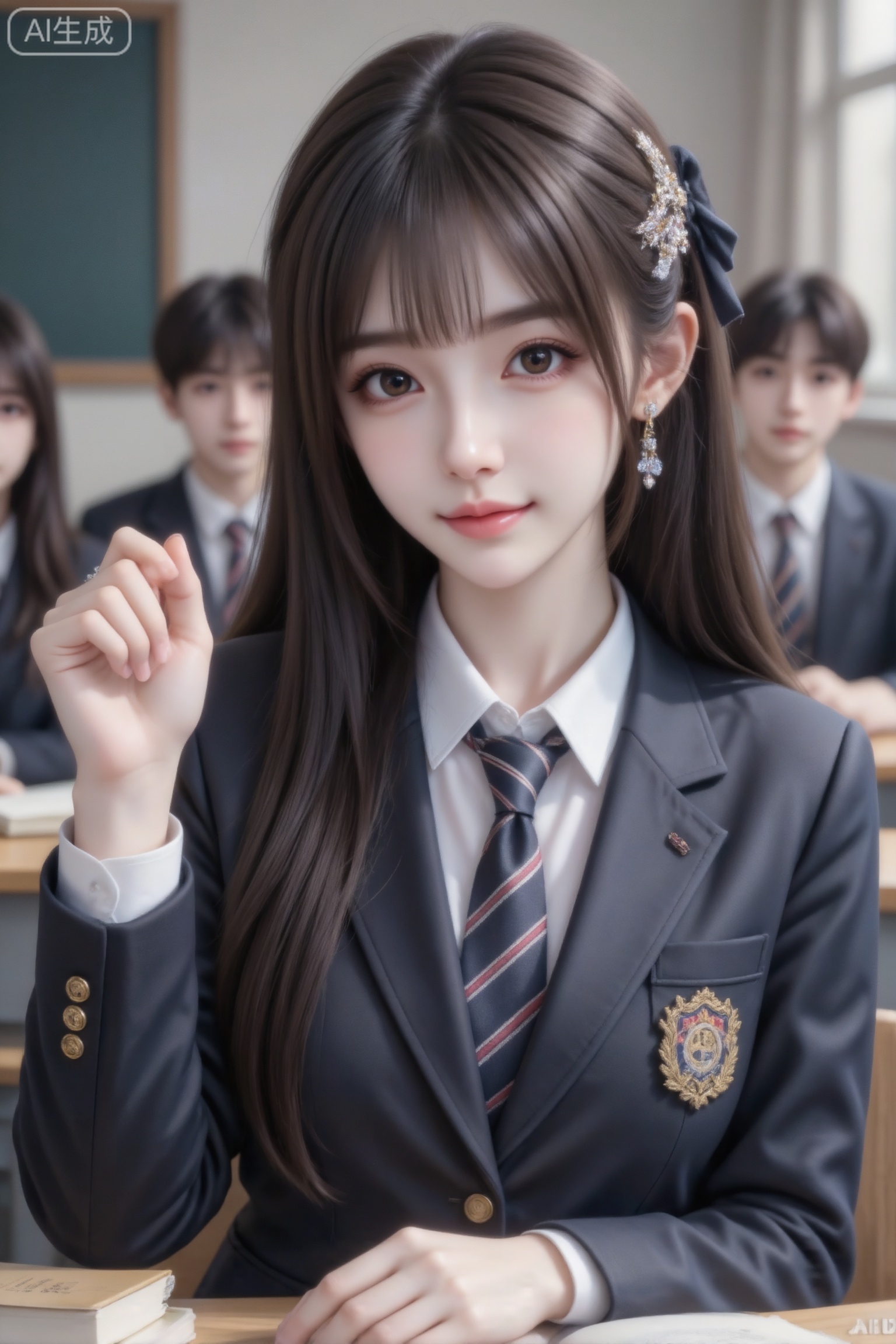 杰作级画质,顶级图像精度,超高清细节渲染,单人女性角色,（黑色亮丽的长发：1.4）,（比例优越的纤细长腿：1.3）,（肌肤白皙光滑的匀称美腿：1.4）,（挺拔饱满的D 罩杯曲线：1.4）,（精致立体的美颜五官：1.4）,美颜全开,光滑油亮的皮肤,水嫩的肌肤,,傲人身材,C-cup,一个女孩,
（电影级面光：1.6）,（光线追踪：1.5）,（冷白皮漫感质感的光滑皮肤：1.7）,（人物有最好的骨相：1.2）,（网感脸：1.6）,身材完美,莫兰迪配色,高颜值网红,INS风,幼态脸,19岁女生尖下巴,三庭五眼比例均衡,细腻陶瓷水嫩肌肤,偏冷白皮,随机的妆容,随机的饰品,随机的动作,侧光,发丝轻飘,凌乱,随机角度拍摄,总体有很多的不确定性,但又好看,
氛围慵懒俏皮,东方美女,冷白皮气质美女,薇薇纯欲风,皮肤白皙,偶像气质,fairskin,气质的江南美女子,有点甜美,皮肤美白透亮,甜美氛围,细腻笔触,独特韵味的美,可爱表情,正面照,精致美女肖像,华丽头饰,皮肤细腻光滑,妆容淡雅清新,俏皮可爱,突出自然美感。空灵的气氛,巧妙地捕捉情感,杰作,柔和,高分辨率,景深构图,层次32k高清蓝光。表情可爱,年轻娇小,冷白皮气质美女,皮肤白皙,偶像气质,深栗棕色的森系发型自然垂落,深栗棕色直深色长发系带束缚,发丝呈现出自然的垂坠感,长发散落于肩头两侧,几缕发丝拂面,带着精致耳饰,穿着校园风西装（胸前绣着校徽）内搭白衬衣和斜条纹领带,坐在大学梯型教室的桌前（桌上放着一些书本）,高举起右手（准备回答老师提问）,背景虚化模糊坐着其他男女同学,湛佳琳风格美学理念