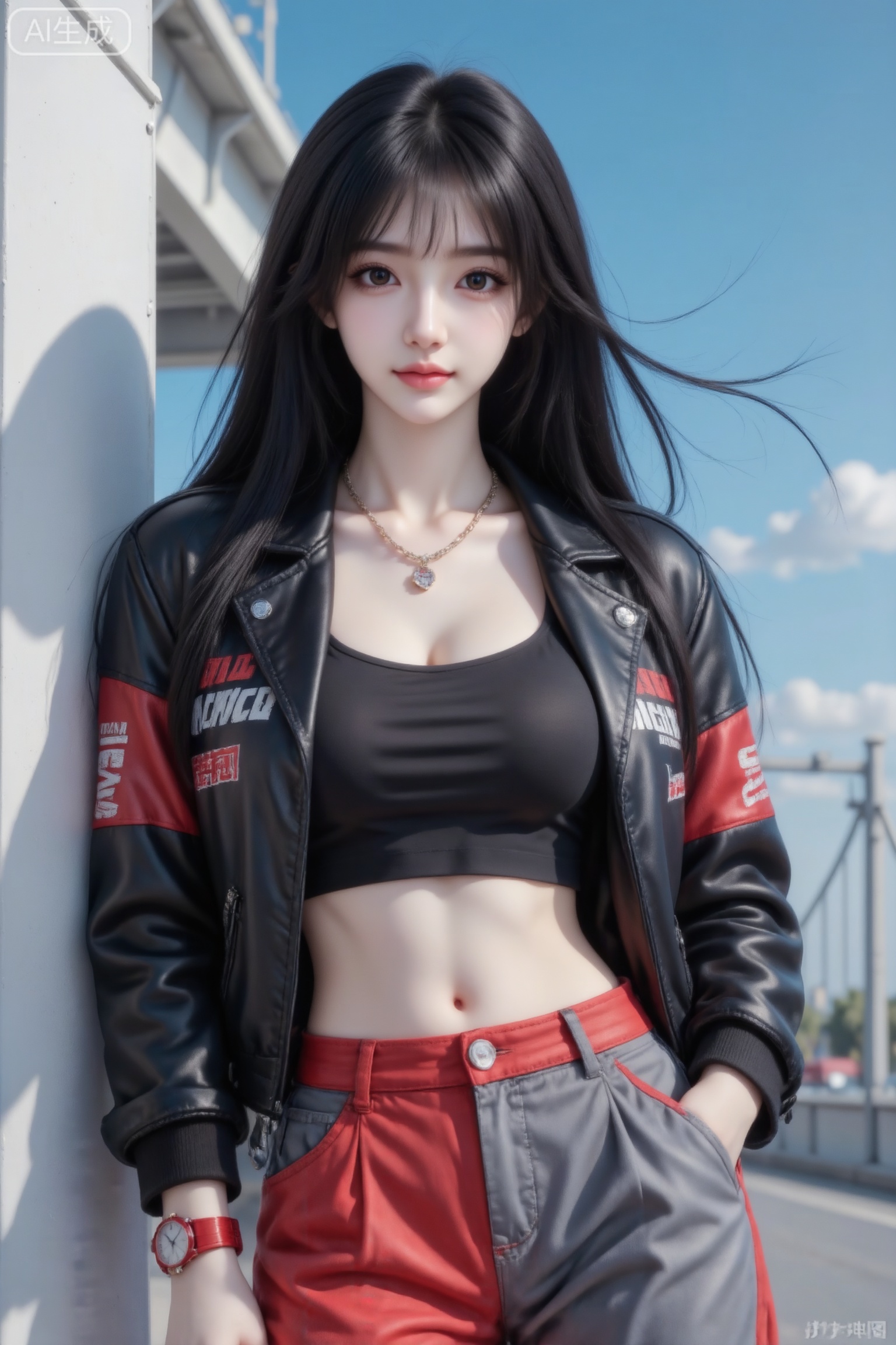 杰作级画质,顶级图像精度,超高清细节渲染,单人女性角色,（黑色亮丽的长发：1.4）,（比例优越的纤细长腿：1.3）,（肌肤白皙光滑的匀称美腿：1.4）,（挺拔饱满的D 罩杯曲线：1.4）,（精致立体的美颜五官：1.4）,美颜全开,光滑油亮的皮肤,水嫩的肌肤,,傲人身材,C-cup,一个女孩,
真实摄影,穿着黑红拼色皮夹克（带有文字印花）、黑色短款内搭、红灰拼色阔腿裤,佩戴项链、红色手表,倚靠在白色建筑结构旁,背景是蓝天与桥梁,街头风,潮流,时尚,户外场景,19岁江南美女子,东方美女,高颜值纯欲少女,idol气质,脸型精致,精致脸蛋,鼻梁高挺,尖下巴,三庭五眼比例均衡,身材娇小,完美高挑身材,冷白皮,细腻陶瓷水嫩肌肤,皮肤白皙透亮,人物有最好的骨相,网感脸。
 
妆容造型随机妆容,随机发型和颜色,黑长直,发丝呈现出自然的蓬松感与垂坠感,长发散落于肩头两侧,几缕发丝拂面,发丝轻飘凌乱,发丝清晰可见,
 
光影画质日常快照高质量人像,半身照,面部特写,超清画质,细节刻画入微,电影级面光,光线追踪,冷白皮漫感质感的光滑皮肤,侧光。
 
氛围风格现场感,动态抓拍,空灵感,清新脱俗,青春气息,绝美构图,莫兰迪配色,风格甜美少女系,氛围慵懒俏皮,薇薇纯欲风,甜美氛围,细腻笔触,独特韵味的美,表情灵动,看着镜头,可爱表情,可爱动作,随机角度拍摄,总体有很多的不确定性但又好看