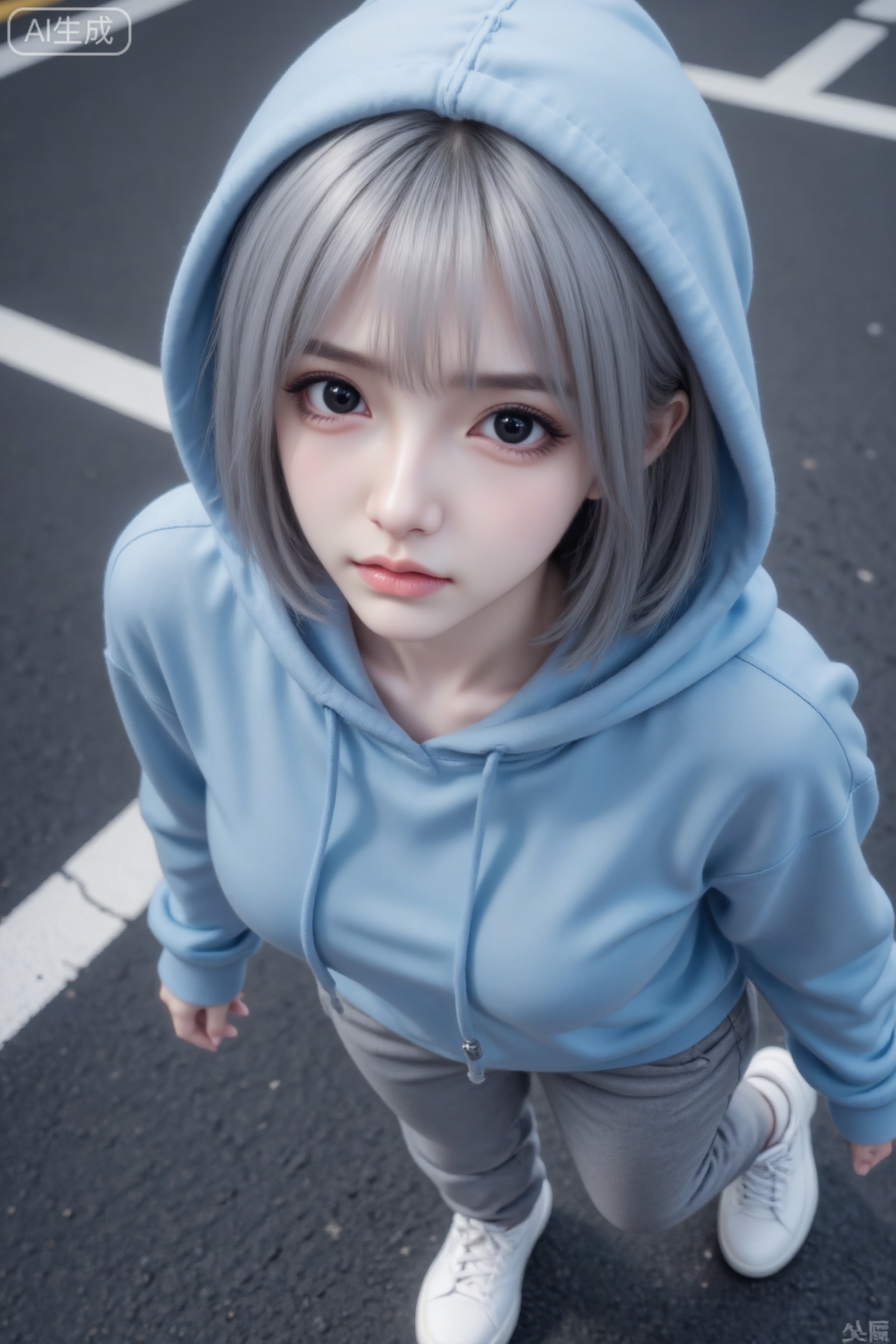 杰作级画质,顶级图像精度,超高清细节渲染,单人女性角色,（黑色亮丽的长发：1.4）,（比例优越的纤细长腿：1.3）,（肌肤白皙光滑的匀称美腿：1.4）,（挺拔饱满的D 罩杯曲线：1.4）,（精致立体的美颜五官：1.4）,美颜全开,光滑油亮的皮肤,水嫩的肌肤,,傲人身材,C-cup,一个女孩,
靠近头部俯拍,头部大身体小的透视感,此特效将街头日常瞬间变成一个轻松搞怪的小片段。画面起始为一位亚洲骨感甜美女孩在黑色沥青路面上行走,脚下隐约可见白色停车线。人物身穿浅蓝色连帽卫衣、灰色长裤、白色运动鞋,在自然柔光下呈现真实街拍质感。人物并未停下,而是被迫“侧着走”,身体微微被向上提扯,动作出现滑稽的偏移。人物的表情变得无奈又可爱,眼神朝镜头投来一丝认命般的抱怨。兜帽被轻轻上拉制造出微妙的紧绷感,而背景虚化保持自然真实。一边侧向行走的搞怪瞬间,让整个氛围轻松幽默又富有生活感。日常快照高质量人像,半身照,傲人身姿,冷白皮,脸型精致妆容精致鼻梁高挺,银灰色中长发内扣齐肩波波头,发丝清晰可见,表情灵动,看着镜头,绝美眼睛,洋娃娃般长相的精致脸蛋女性,黑色瞳孔,现场感,动态抓拍,高颜值纯欲骨感少女,温柔,极具女性魅力,空灵感,清新脱俗,超清画质,青春气息,细节刻画入微,面部特写,浓颜系,美颜暴击,idol,绝美构图,可爱动作,