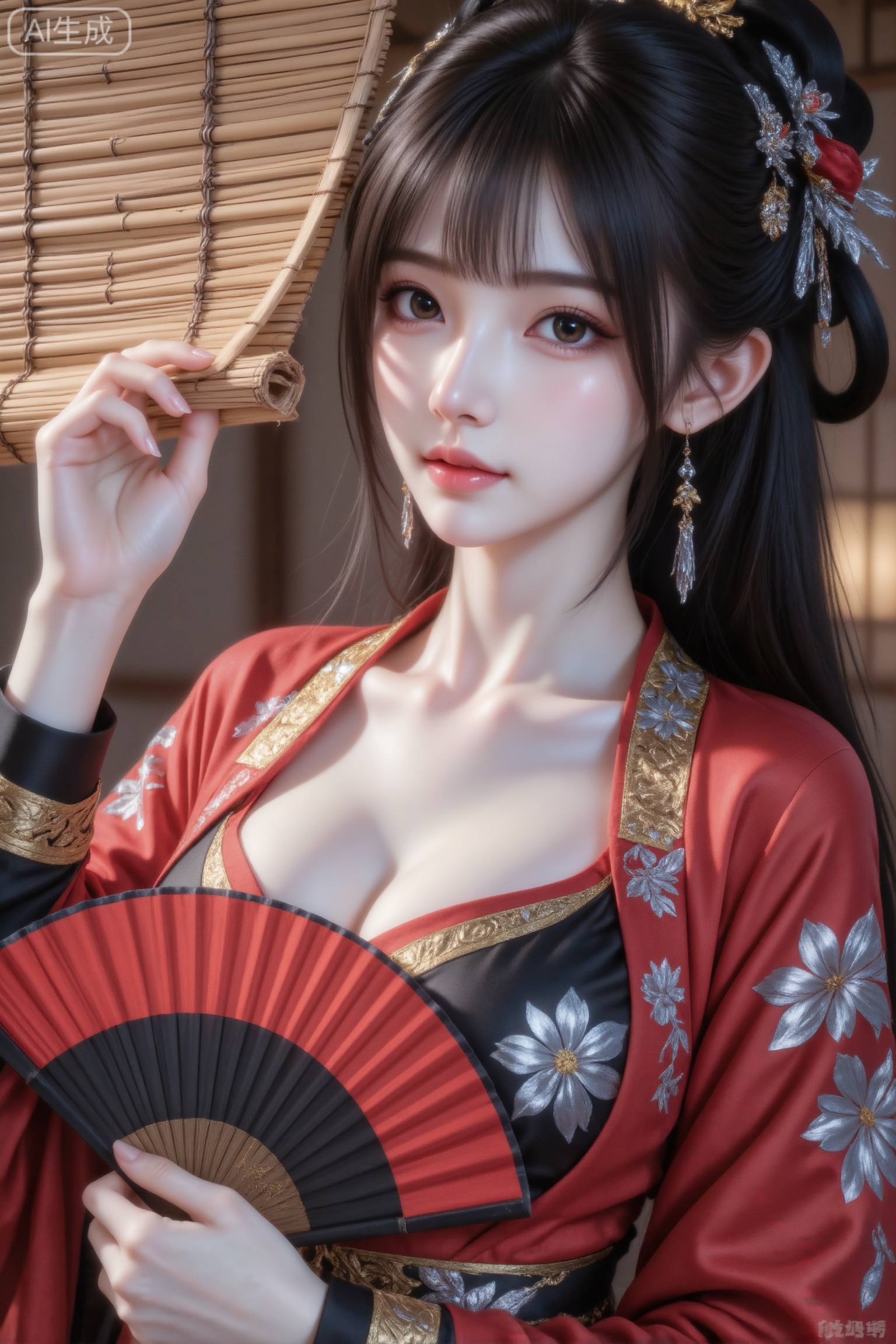 杰作级画质,顶级图像精度,超高清细节渲染,单人女性角色,（黑色亮丽的长发：1.4）,（比例优越的纤细长腿：1.3）,（肌肤白皙光滑的匀称美腿：1.4）,（挺拔饱满的D 罩杯曲线：1.4）,（精致立体的美颜五官：1.4）,美颜全开,光滑油亮的皮肤,水嫩的肌肤,,傲人身材,C-cup,一个女孩,
真实摄影,传统盘发,佩戴耳饰,身穿红黑银花卉纹圆领汉服（带金色镶边）,手持红黑折扇拨开竹帘,漏出半边脸蛋,光线透过竹帘形成条纹光影洒在面部与衣物上,背景暖调,氛围古典雅致、光影艺术,整体风格温婉、静谧,充满和风与光影结合的氛围感,（电影级面光：1.6）,（光线追踪：1.5）,（冷白皮漫感质感的光滑皮肤：1.7）,（人物有最好的骨相：1.2）,（网感脸：1.6）,（网感妆：1.6）S形身材,身材完美,莫兰迪配色,高颜值网红,INS风,幼态脸,19岁女生尖下巴,三庭五眼比例均衡,身材娇小,细腻陶瓷水嫩肌肤,偏冷白皮,随机的妆容,随机的饰品,随机的动作,侧光,发丝轻飘,凌乱,随机角度拍摄,总体有很多的不确定性,但又好看,
风格甜美少女系,氛围慵懒俏皮,东方美女,年轻娇小,冷白皮气质美女,薇薇纯欲风,皮肤白皙,偶像气质,fairskin,气质的江南美女子,有点甜美,皮肤美白透亮,表情可爱,甜美氛围,细腻笔触,独特韵味的美,构图优美,绝美角度拍摄