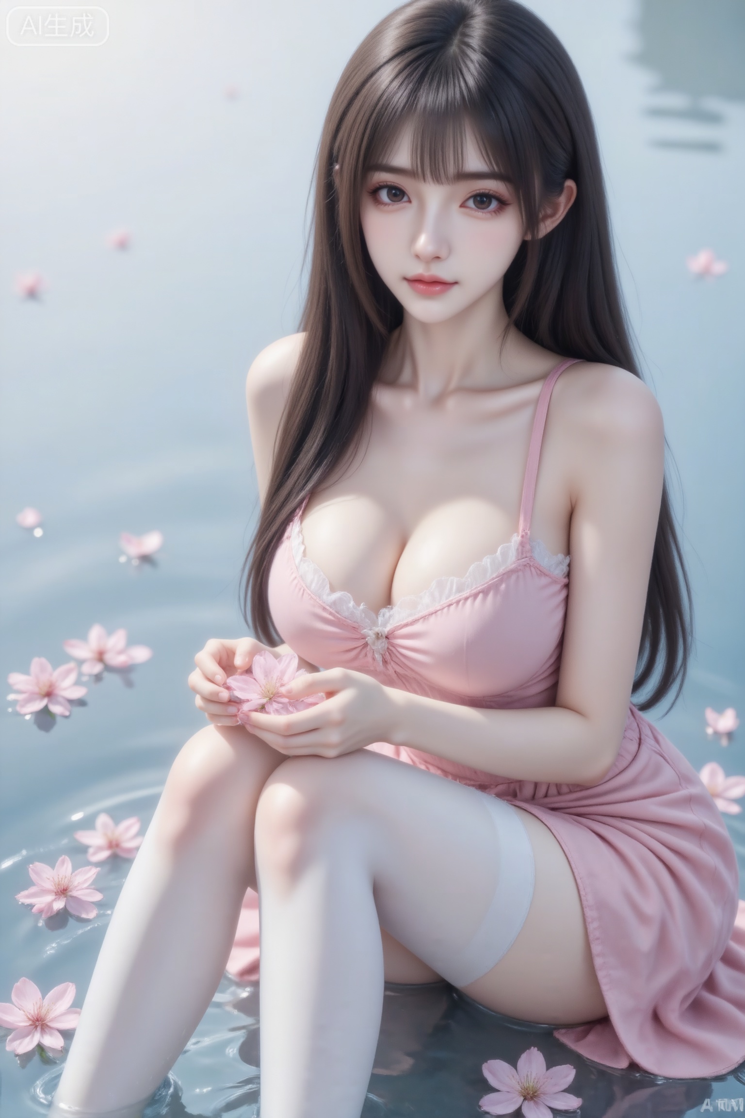 杰作级画质,顶级图像精度,超高清细节渲染,单人女性角色,（黑色亮丽的长发：1.4）,（比例优越的纤细长腿：1.3）,（肌肤白皙光滑的匀称美腿：1.4）,（挺拔饱满的D 罩杯曲线：1.4）,（精致立体的美颜五官：1.4）,美颜全开,光滑油亮的皮肤,水嫩的肌肤,,傲人身材,C-cup,一个女孩,
冷色调,高曝光,高亮度,18岁女大学生,尖下巴,三庭五眼比例均衡,棕色披肩长直发。身材娇小,细腻陶瓷水嫩肌肤,偏冷白皮,妆容精致上半身特写,正面照,全景镜头,人物上半身特写镜头,身穿粉色吊带长款连衣裙过膝,胸口初装饰白色纱边,大裙摆,手里捧着水,水里有一朵海棠花,侧蹲在水水边,最高等级画质,IHD,梦幻,美颜全开,浪漫唯美,超高清,32k分辨率,去掉一切噪点,水里飘着许多海棠花,波光粼粼,唯美。