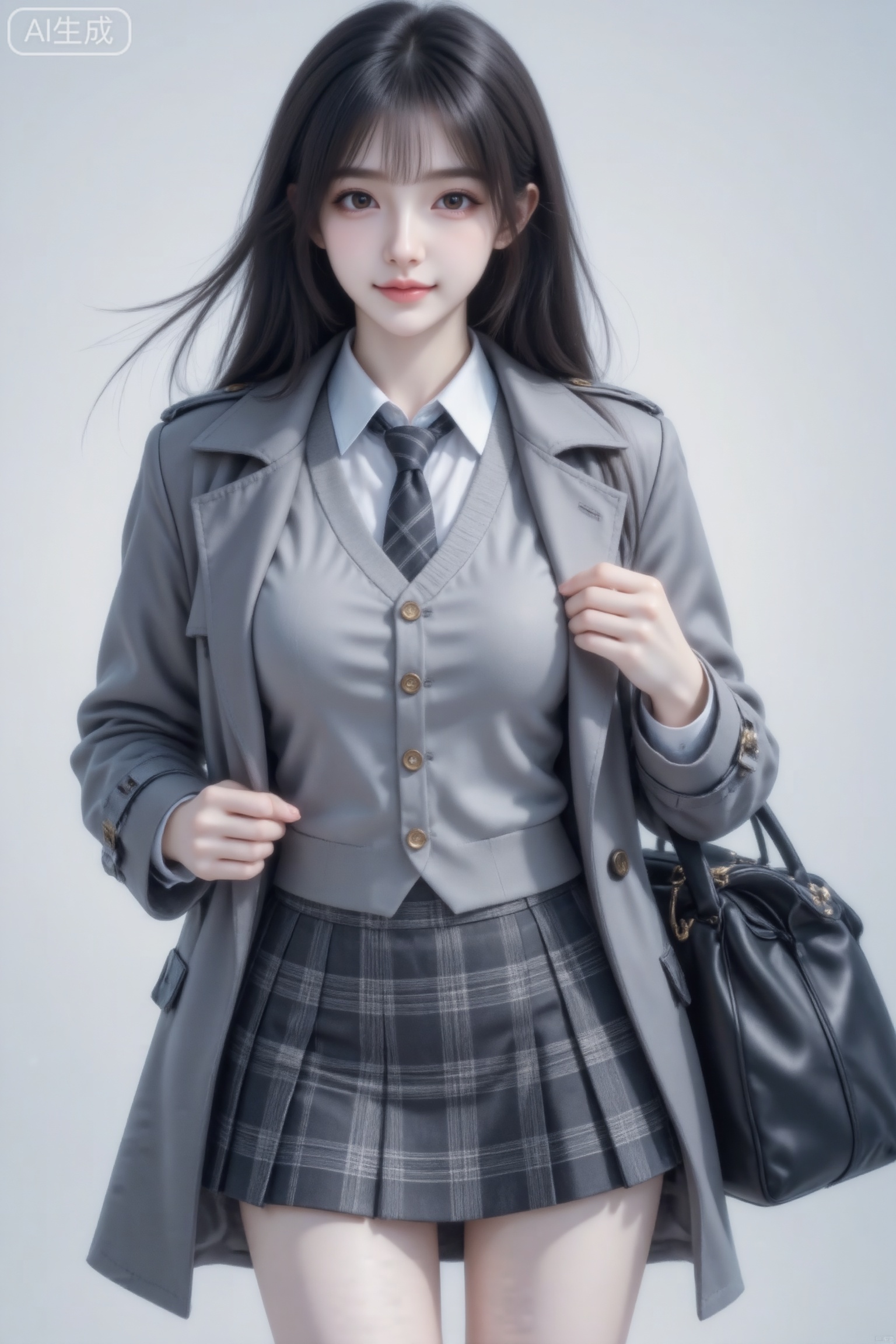 杰作级画质,顶级图像精度,超高清细节渲染,单人女性角色,（黑色亮丽的长发：1.4）,（比例优越的纤细长腿：1.3）,（肌肤白皙光滑的匀称美腿：1.4）,（挺拔饱满的D 罩杯曲线：1.4）,（精致立体的美颜五官：1.4）,美颜全开,光滑油亮的皮肤,水嫩的肌肤,,傲人身材,C-cup,一个女孩,
（电影级面光：1.6）,（光线追踪：1.5）,（冷白皮漫感质感的光滑皮肤：1.7）,（人物有最好的骨相：1.2）,（网感脸：1.6）,身材完美,莫兰迪配色,高颜值网红,INS风,19岁女生尖下巴,三庭五眼比例均衡,细腻陶瓷水嫩肌肤,偏冷白皮,随机的妆容,随机的饰品,随机的动作,侧光,发丝轻飘,凌乱,随机角度拍摄,总体有很多的不确定性,但又好看,
氛围慵懒俏皮,东方美女,冷白皮气质美女,薇薇纯欲风,皮肤白皙,偶像气质,fairskin,气质的江南美女子,有点甜美,皮肤美白透亮,甜美氛围,细腻笔触,独特韵味的美,可爱表情,正面照,人物上半身特写,冷白皮,高清图 氛围感,目光看向一旁,电影级打光。精致美女肖像,中长发,皮肤细腻光滑,妆容淡雅清新,俏皮可爱,突出自然美感。空灵的气氛,巧妙地捕捉情感,杰作,柔和,高分辨率,景深构图,层次32k高清蓝光。
上身穿着灰色风衣外套,浅灰色衬衫,针织马甲,灰色格子百褶短裙,黑色皮质托特包。