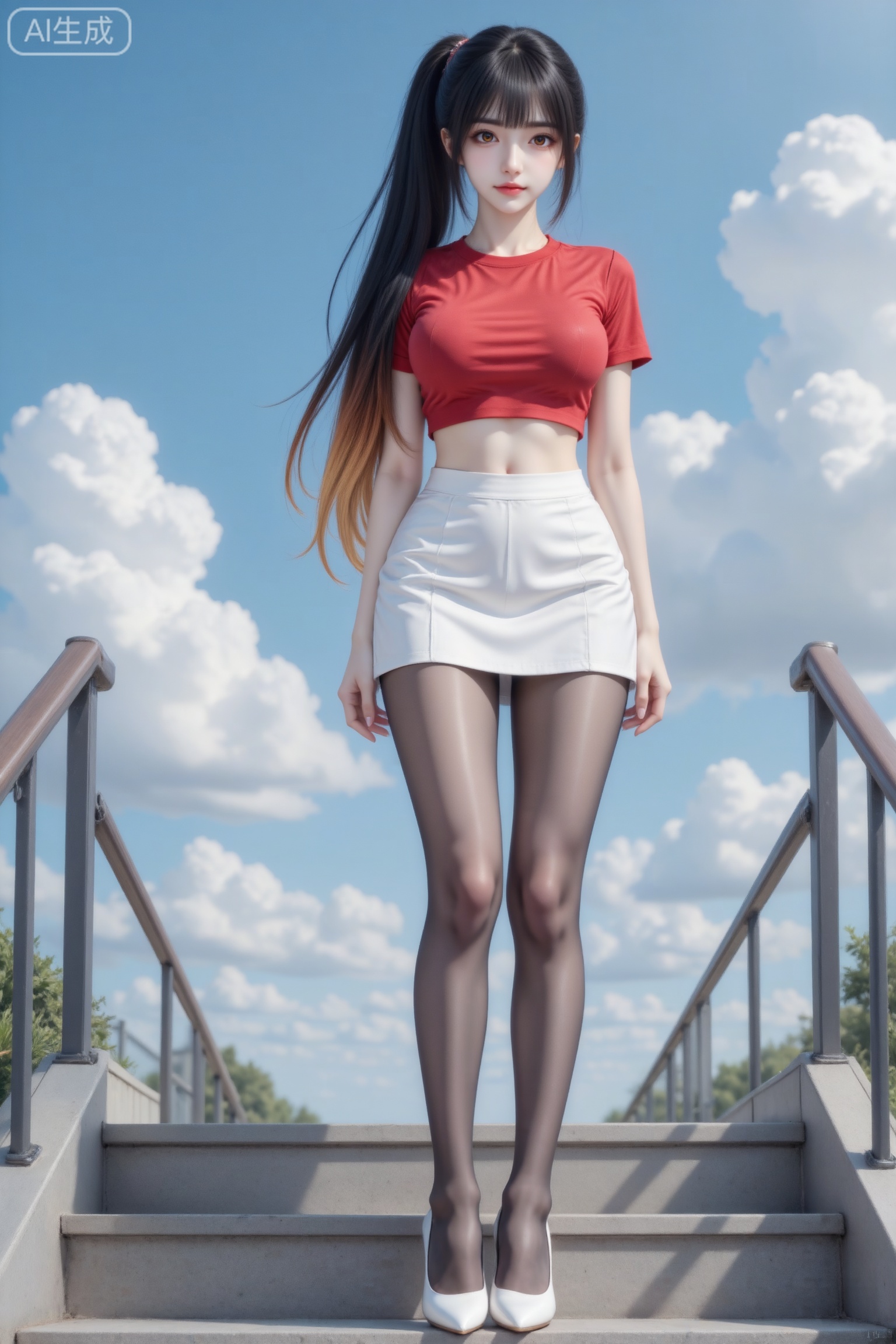 杰作级画质,顶级图像精度,超高清细节渲染,单人女性角色,（黑色亮丽的长发：1.4）,（比例优越的纤细长腿：1.3）,（肌肤白皙光滑的匀称美腿：1.4）,（挺拔饱满的D 罩杯曲线：1.4）,（精致立体的美颜五官：1.4）,美颜全开,光滑油亮的皮肤,水嫩的肌肤,,傲人身材,C-cup,一个女孩,

1个女孩,单人,黑棕渐变长发,高马尾,刘海,棕色眼睛,看着观众,中等胸部,露脐短款红色短袖上衣,白色迷你短裙,黑色连裤丝袜,白色高跟鞋,站立在户外楼梯上,全身像,蓝天白云,白天自然光,光影细腻,画质高清,人体比例完美,细节精致
