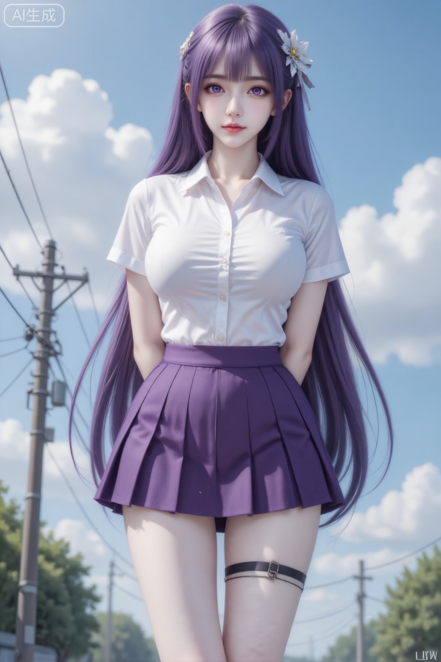 杰作级画质,顶级图像精度,超高清细节渲染,单人女性角色,（黑色亮丽的长发：1.4）,（比例优越的纤细长腿：1.3）,（肌肤白皙光滑的匀称美腿：1.4）,（挺拔饱满的D 罩杯曲线：1.4）,（精致立体的美颜五官：1.4）,美颜全开,光滑油亮的皮肤,水嫩的肌肤,,傲人身材,C-cup,一个女孩,
1 个女孩,单人,紫色长发,极长的头发,刘海,头上戴着白色花朵发饰,紫色眼眸,双唇轻闭,看向镜头,胸部适中,穿着白色翻领短袖衬衫,衬衫扎进紫色百褶裙里,大腿配有绑带,双手背在身后站立,背景是户外,蓝天、白云、树木、电线杆与电线,白天自然光,清新唯美画风,细节精致,画质高清