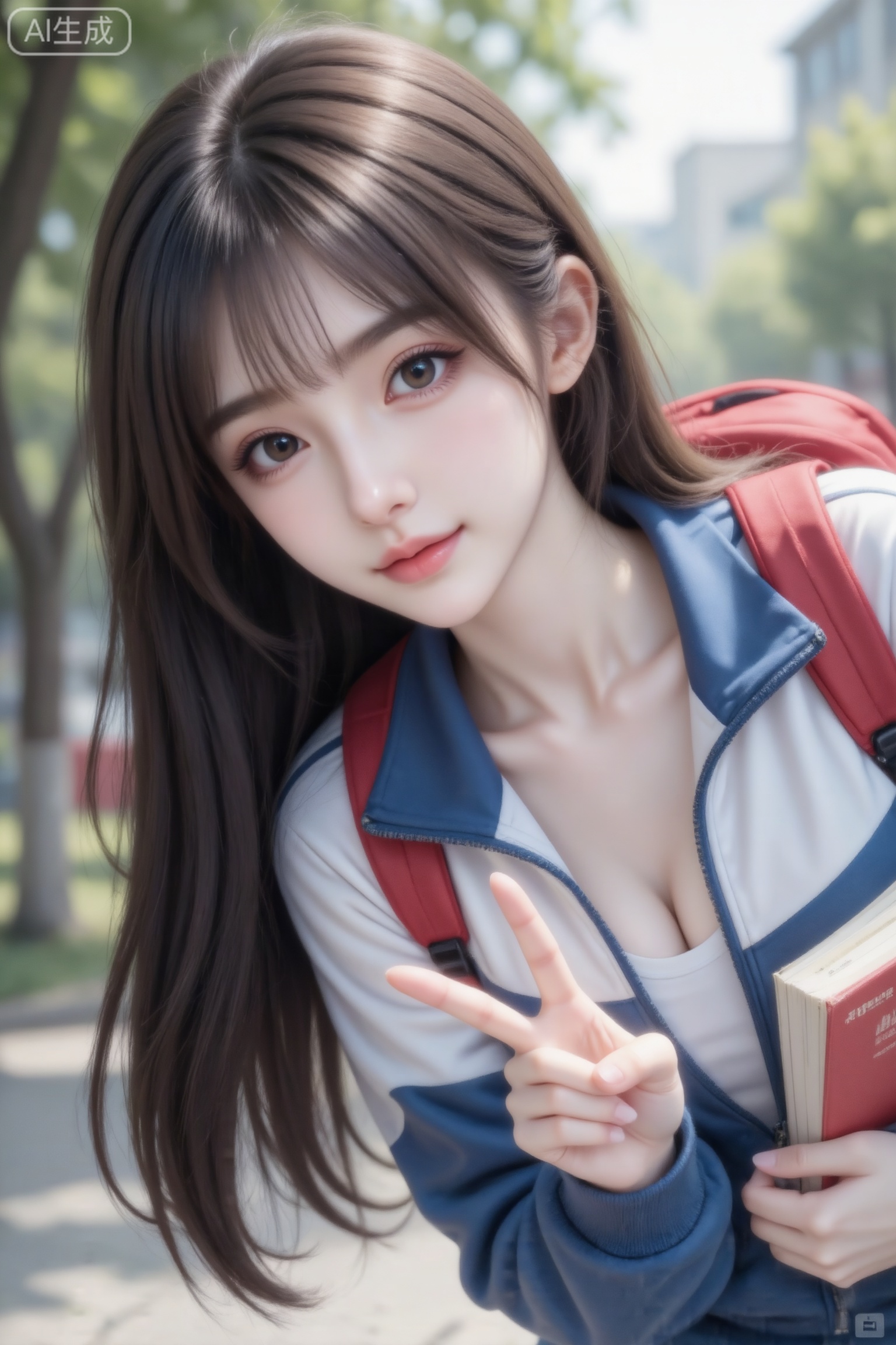 杰作级画质,顶级图像精度,超高清细节渲染,单人女性角色,（黑色亮丽的长发：1.4）,（比例优越的纤细长腿：1.3）,（肌肤白皙光滑的匀称美腿：1.4）,（挺拔饱满的D 罩杯曲线：1.4）,（精致立体的美颜五官：1.4）,美颜全开,光滑油亮的皮肤,水嫩的肌肤,,傲人身材,C-cup,一个女孩,
真实摄影,亚洲美少女,棕色长发,穿着蓝白红拼色运动外套、白色内搭,背着红色背包；手持书本,在户外（背景有树木与光影）,比出剪刀手姿势,整体风格青春活力,充满校园清新与阳光的氛围美感,倾斜构图,（电影级面光：1.6）,（光线追踪：1.5）,（冷白皮漫感质感的光滑皮肤：1.7）,（人物有最好的骨相：1.2）,（网感脸：1.6）,身材完美,莫兰迪配色,高颜值,19岁女生尖下巴,三庭五眼比例均衡,身材娇小,娇羞的表情,细腻陶瓷水嫩肌肤,偏冷白皮,随机的妆容,随机发型和颜色,随机的饰品,随机的动作,侧光,发丝轻飘,凌乱,随机角度拍摄,总体有很多的不确定性,但又好看,风格甜美少女系,氛围慵懒俏皮,东方美女,年轻娇小,发丝呈现出自然的蓬松感与垂坠感,长发散落于肩头两侧,几缕发丝拂面,冷白皮气质美女,纯欲风,皮肤白皙,偶像气质,fairskin,气质的江南美女子,有点甜美,皮肤美白透亮,表情可爱,甜美氛围,细腻笔触,独特韵味的美,