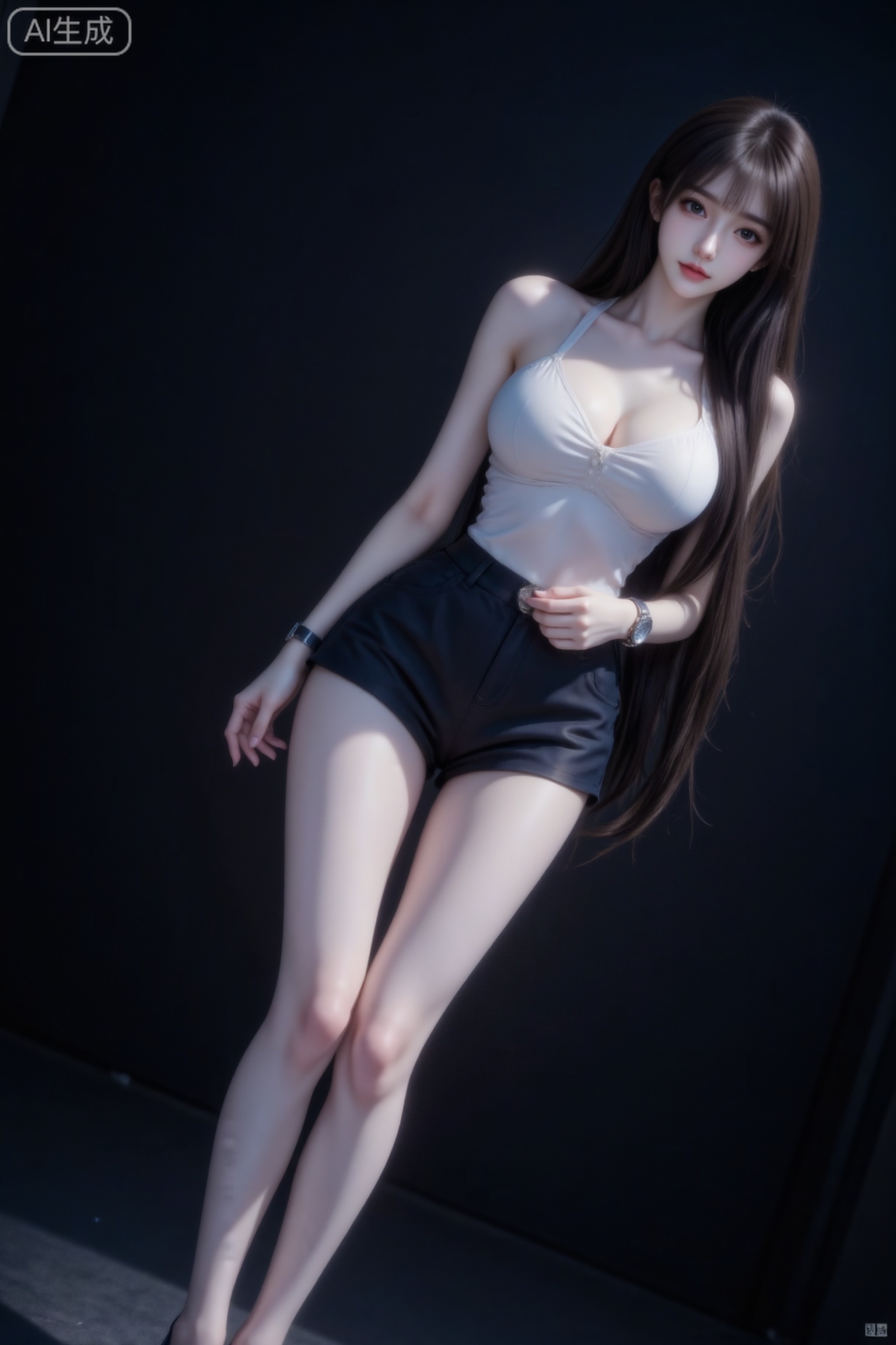 杰作级画质,顶级图像精度,超高清细节渲染,单人女性角色,（黑色亮丽的长发：1.4）,（比例优越的纤细长腿：1.3）,（肌肤白皙光滑的匀称美腿：1.4）,（挺拔饱满的D 罩杯曲线：1.4）,（精致立体的美颜五官：1.4）,美颜全开,光滑油亮的皮肤,水嫩的肌肤,,傲人身材,C-cup,一个女孩,
冰蓝的浪漫诗意视觉风格,冷暖光交织的梦幻唯美场景,oc渲染,强烈的光影对比氛围,真实摄影,鞠婧,完美身段,棕色长发及腰,穿着现代街头服饰、戴着手表,自信地站着,具备嘻哈元素,展现时尚都市美学,中景,极高清,色彩鲜艳,高对比度阴影,电影构图,细节丰富,黑暗环境,倾斜构图,仰视拍摄,情绪写意,专业模特神情,表情细腻且自然,情脉脉的眼神盯着镜头,情绪氛围感拉满,发丝光,柔和侧光,暗调的背景营造出静谧的氛围,光影斑驳,画面层次丰富,强烈的光影。超高颜值,脸部清晰,20岁绝美女网红,鹅蛋脸,容颜绝美,冷白皮,沙漏型身材,精致淡妆,头发丰盈,又长又直,葫芦身材,身材完美,双腿笔直细长,肤色冷白自然,皮肤光滑。高级感,电影质感,高清画质,细腻真人皮肤纹理,被景虚化