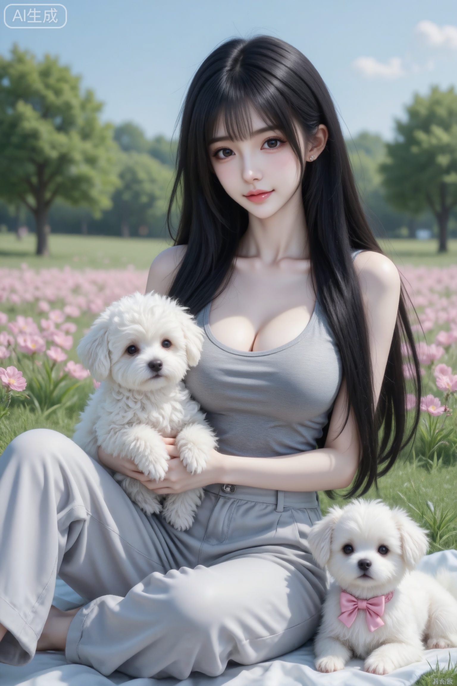 杰作级画质,顶级图像精度,超高清细节渲染,单人女性角色,（黑色亮丽的长发：1.4）,（比例优越的纤细长腿：1.3）,（肌肤白皙光滑的匀称美腿：1.4）,（挺拔饱满的D 罩杯曲线：1.4）,（精致立体的美颜五官：1.4）,美颜全开,光滑油亮的皮肤,水嫩的肌肤,,傲人身材,C-cup,一个女孩,
真实摄影,穿着灰色背心、浅灰色阔腿裤,坐在铺有浅色布的草地上,怀中抱着一只白色卷毛小狗,身旁有另一只戴粉色蝴蝶结的白色小狗,背景是开满粉色花朵的草地、绿树与晴朗天空,整体风格清新、治愈,充满户外与萌宠的氛围感,（电影级面光：1.6）,（光线追踪：1.5）,（冷白皮漫感质感的光滑皮肤：1.7）,（人物有最好的骨相：1.2）,（网感脸：1.6）,（网感妆：1.6）身材完美,莫兰迪配色,高颜值网红,INS风,幼态脸,19岁女生尖下巴,三庭五眼比例均衡,身材娇小,细腻陶瓷水嫩肌肤,偏冷白皮,随机的妆容,随机的饰品,随机的动作,侧光,发丝轻飘,凌乱,随机角度拍摄,总体有很多的不确定性,但又好看,
风格甜美少女系,氛围慵懒俏皮,东方美女,黑长直,年轻娇小,发丝呈现出自然的蓬松感与垂坠感,长发散落于肩头两侧,几缕发丝拂面,冷白皮气质美女,纯欲风,沙漏型身材,B cup,皮肤白皙,偶像气质,fairskin,气质的江南美女子,有点甜美,皮肤美白透亮,表情可爱,甜美氛围,细腻笔触,独特韵味的美,可爱表情