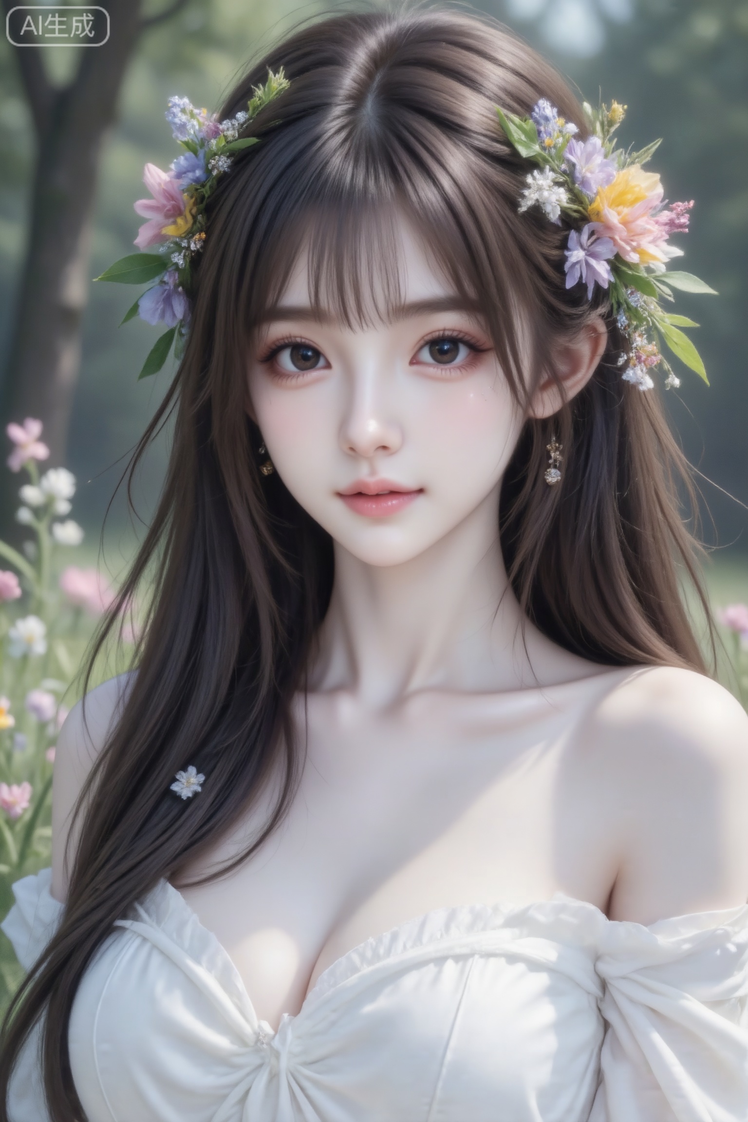 杰作级画质,顶级图像精度,超高清细节渲染,单人女性角色,（黑色亮丽的长发：1.4）,（比例优越的纤细长腿：1.3）,（肌肤白皙光滑的匀称美腿：1.4）,（挺拔饱满的D 罩杯曲线：1.4）,（精致立体的美颜五官：1.4）,美颜全开,光滑油亮的皮肤,水嫩的肌肤,,傲人身材,C-cup,一个女孩,
背景充满花草树木草,超清晰画质,妆造精致,饰品精巧,棕色长发上编织许多鲜花和叶子搭配,头发和鲜花花巧妙结合,身着白色飘逸长裙蓬松极简风格,细节完美,五官精致,突出头发凌乱美,面部清晰,清冷调。日常快照风格,非精心构图,非专业打光。（电影级面光：1.6）,（光线追踪：1.5）,（冷白皮漫感质感的光滑皮肤：1.7）,（人物有最好的骨相：1.2）,（网感脸：1.6）,（网感妆：1.6）身材完美,莫兰迪配色,高颜值网红,INS风,幼态脸,19岁女生尖下巴,三庭五眼比例均衡,细腻陶瓷水嫩肌肤,偏冷白皮,随机的妆容,随机的饰品,随机的动作,侧光,发丝轻飘,凌乱,随机角度拍摄,总体有很多的不确定性,但又好看,
风格甜美少女系,氛围慵懒俏皮,东方美女,年轻娇小,冷白皮气质美女,纯欲风,皮肤白皙,偶像气质,fairskin,气质的江南美女子,有点甜美,皮肤美白透亮,表情可爱,甜美氛围,细腻笔触,独特韵味的美
